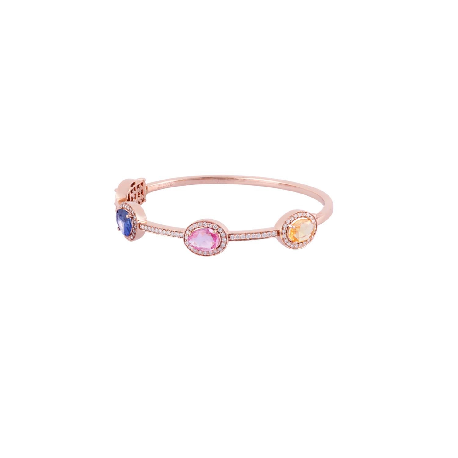 Multicolored Sapphire and Diamond Bangle, Set in 18 Karat Rose Gold In New Condition For Sale In Jaipur, Rajasthan