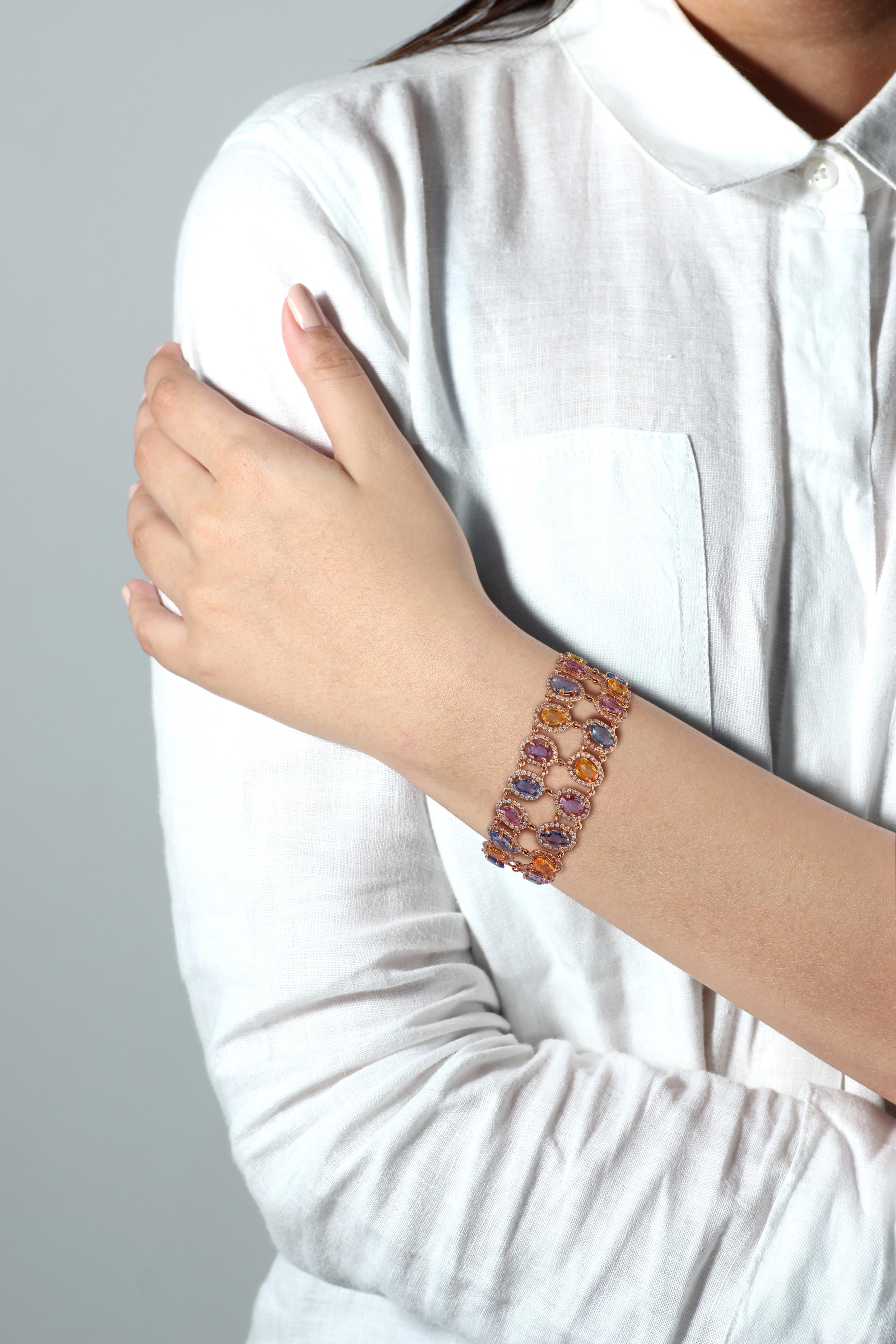Modern Multicolored Sapphire and Diamond Bracelet Set in 18 Karat Rose Gold