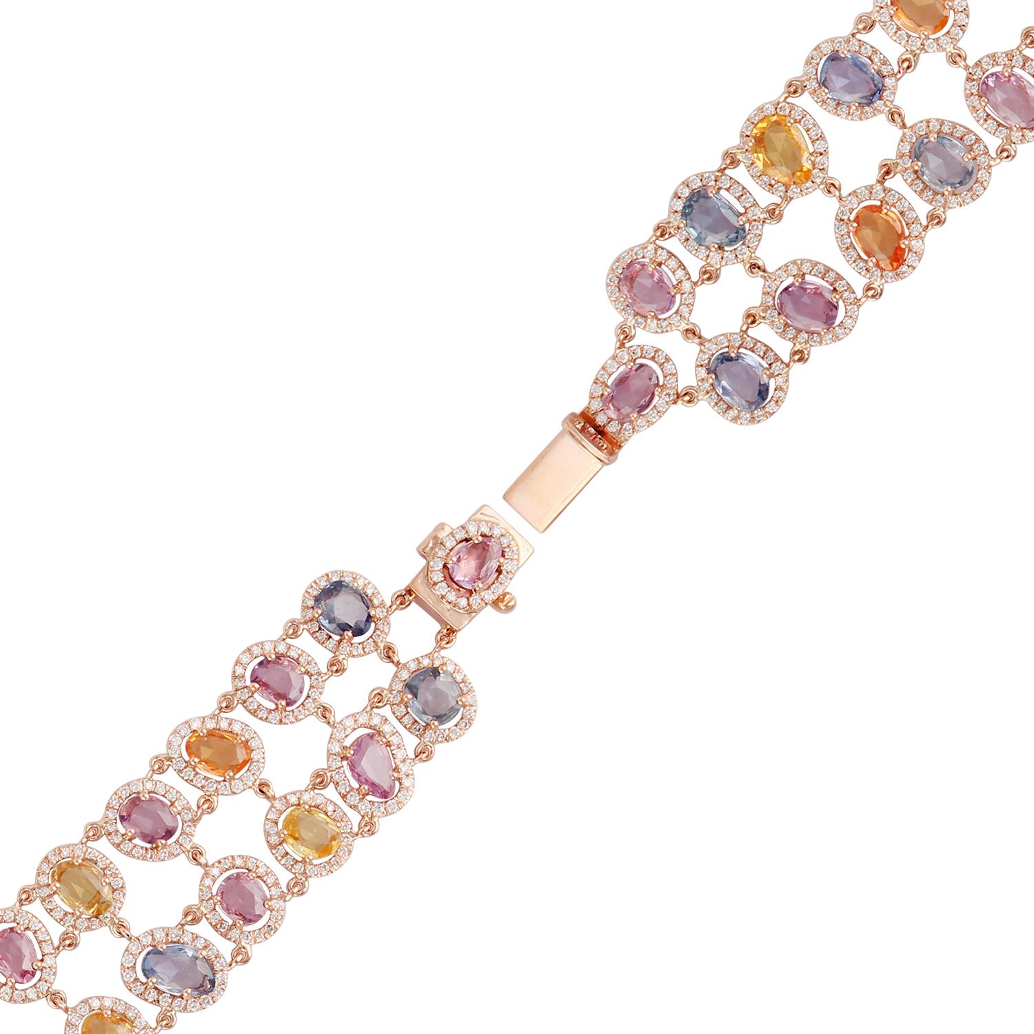 Rose Cut Multicolored Sapphire and Diamond Bracelet Set in 18 Karat Rose Gold
