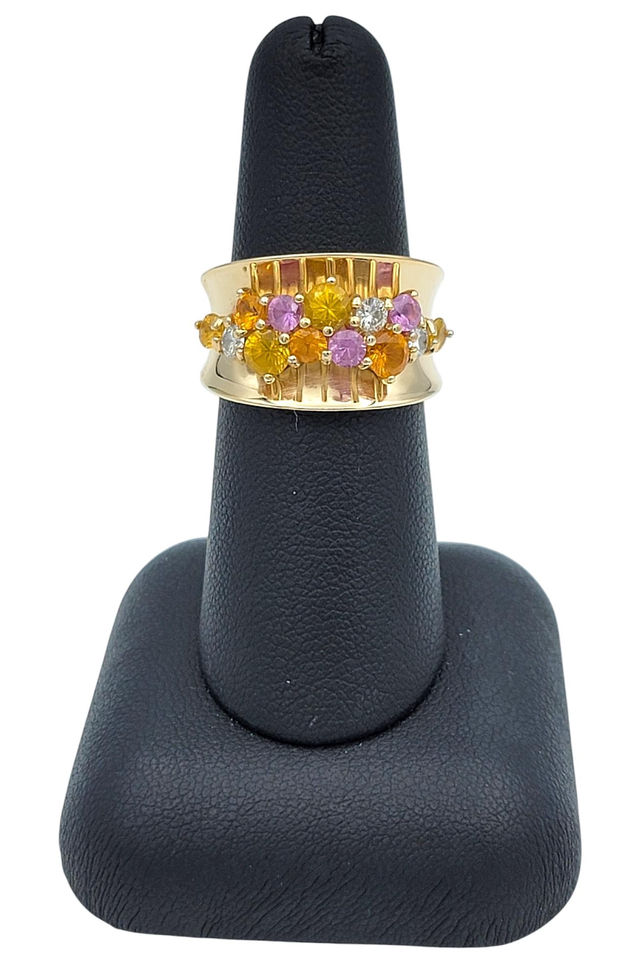 Bague concave en or jaune 14 carats avec saphirs multicolores et diamants en vente 5