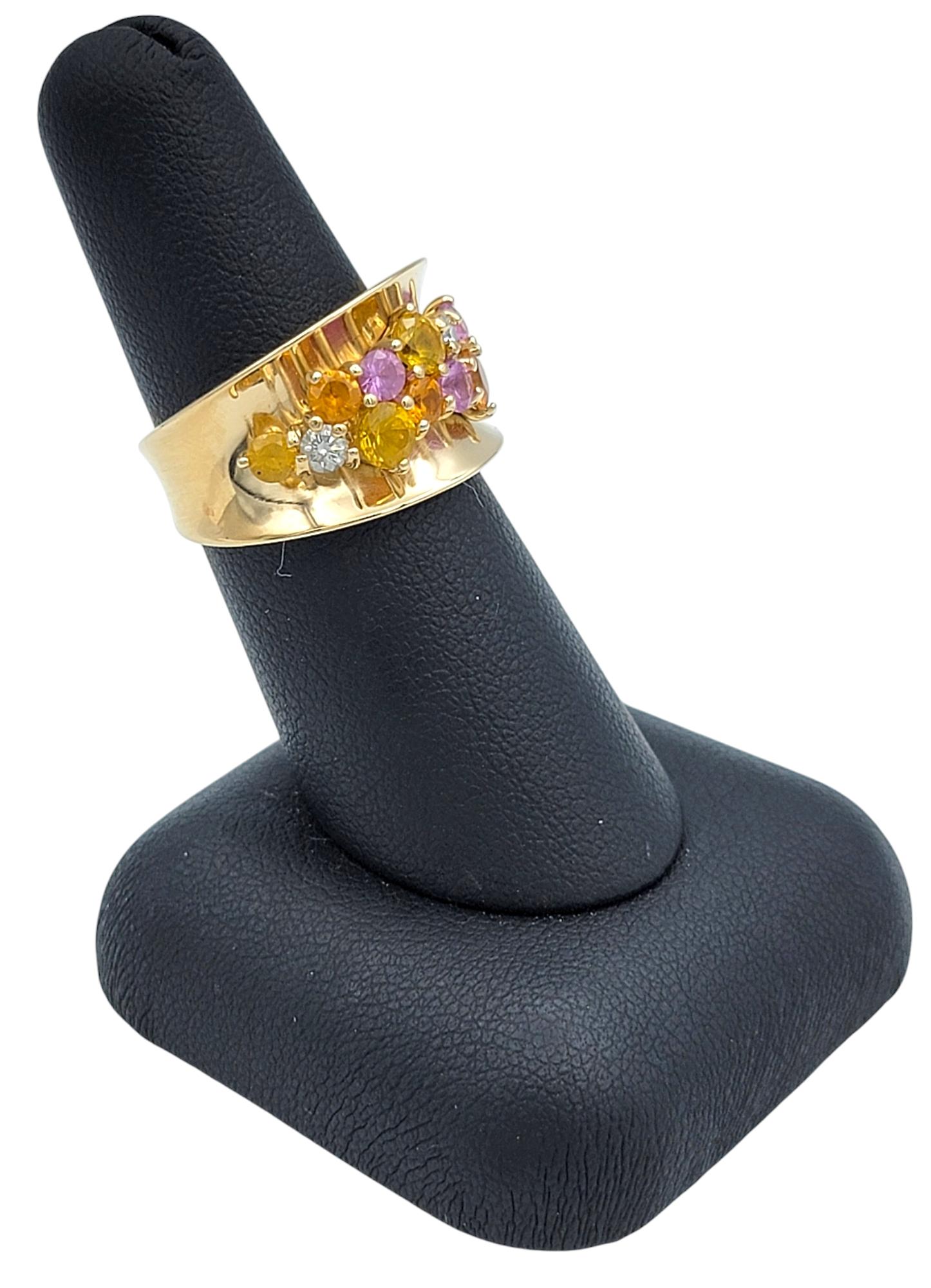 Bague concave en or jaune 14 carats avec saphirs multicolores et diamants en vente 6