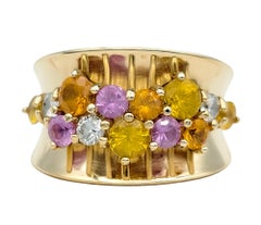 Multi-Colored Sapphire and Diamond Concave Band Ring in 14 Karat Yellow Gold