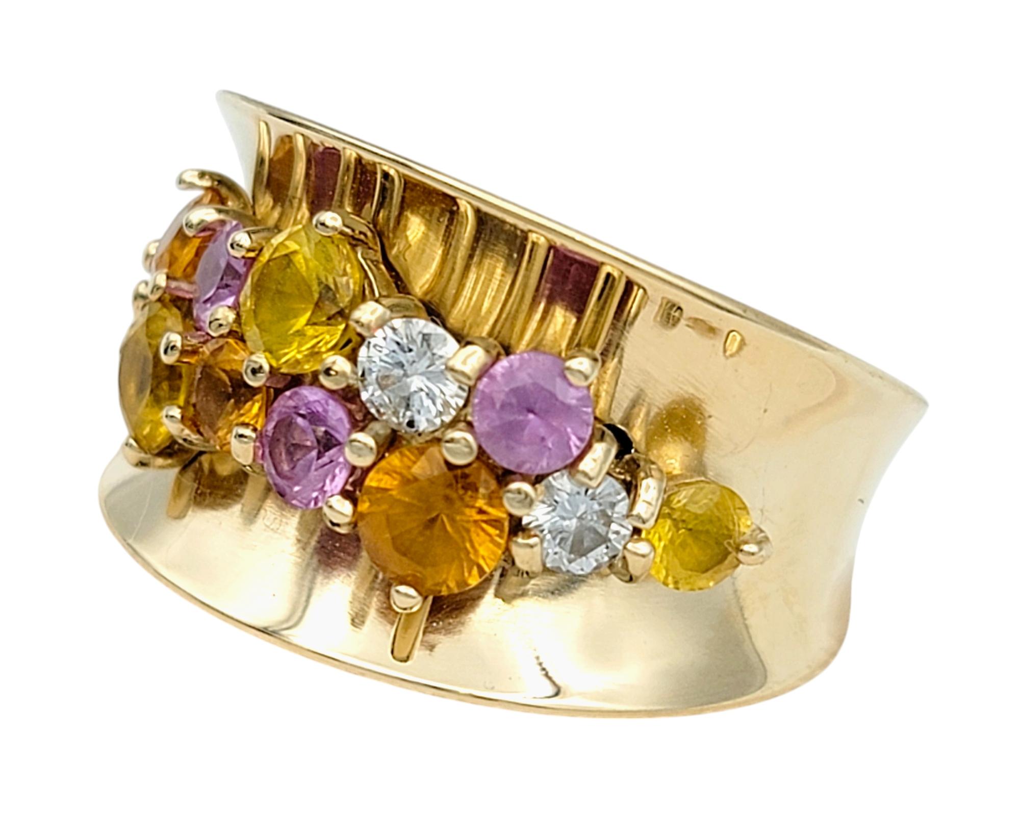Bague concave en or jaune 14 carats avec saphirs multicolores et diamants Bon état - En vente à Scottsdale, AZ