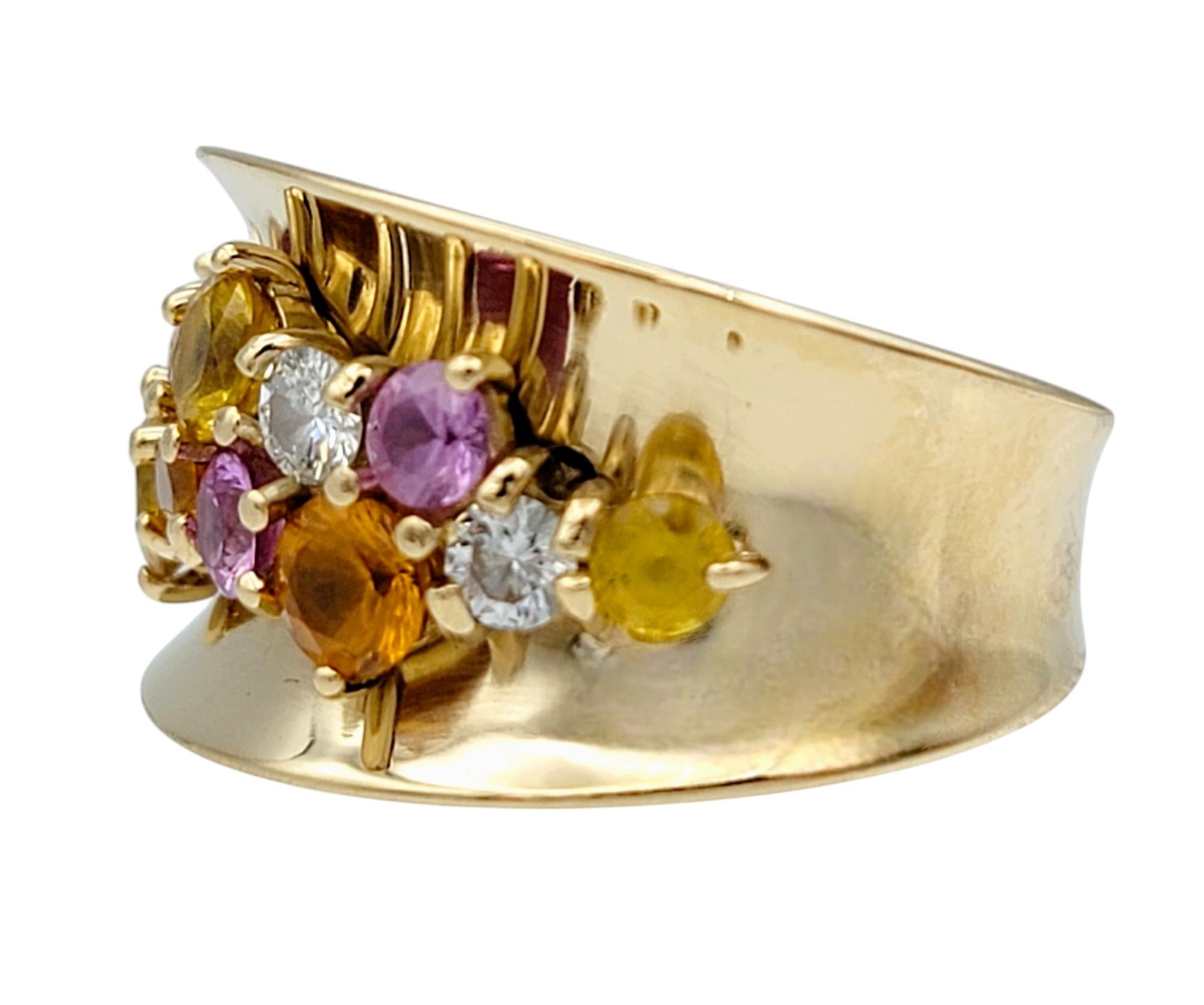 Bague concave en or jaune 14 carats avec saphirs multicolores et diamants Pour femmes en vente
