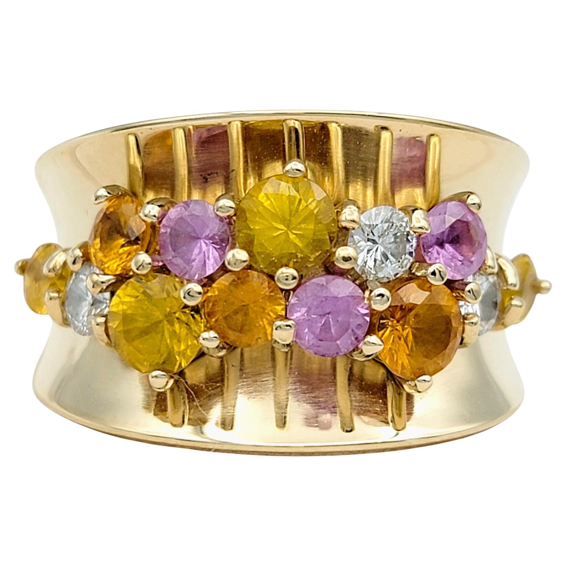 Multi-Colored Sapphire and Diamond Concave Band Ring in 14 Karat Yellow Gold