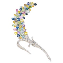 Broche Floral de Zafiro Multicolor y Diamantes de Oro Blanco
