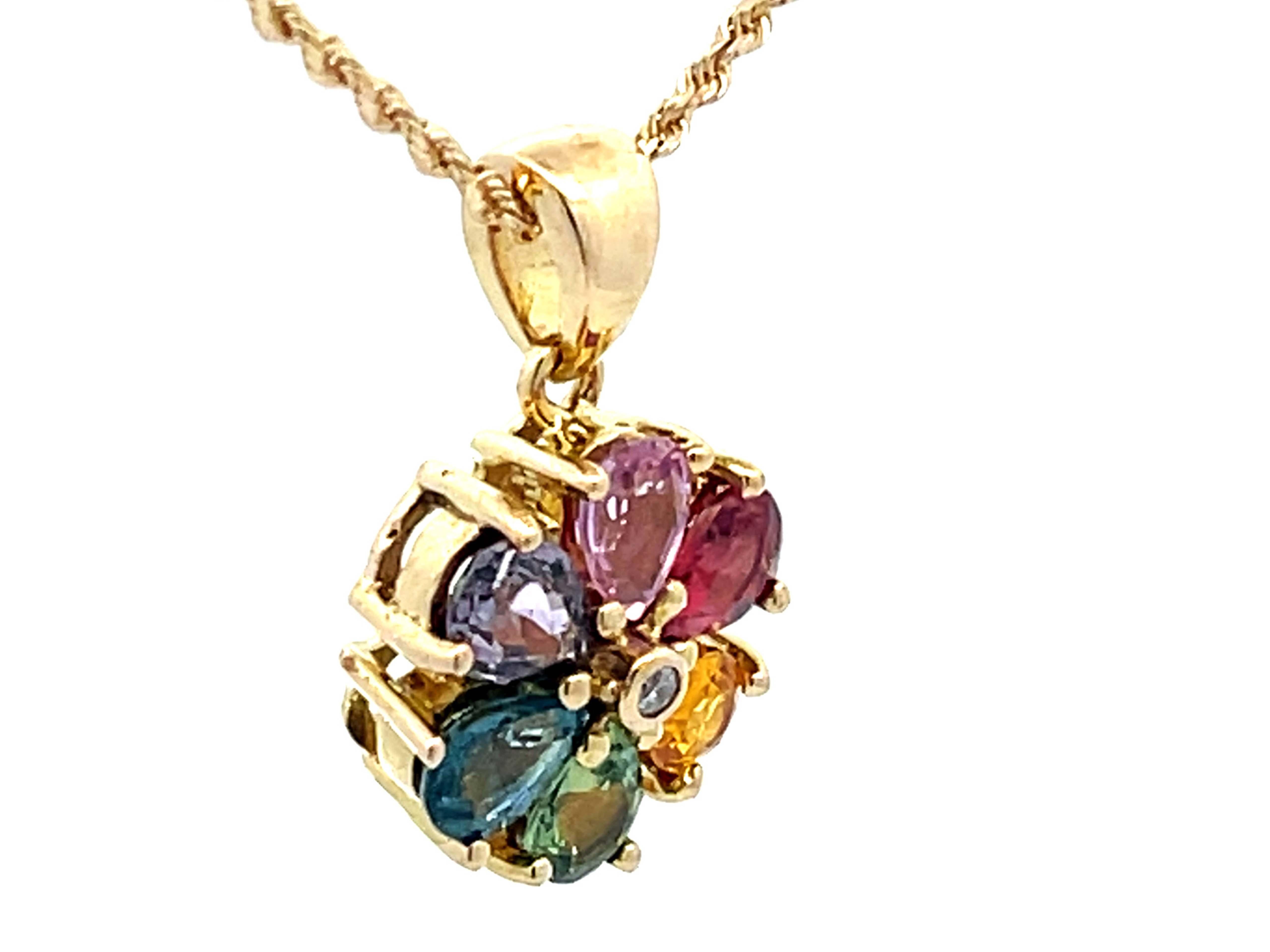 Modern Multi Colored Sapphire and Diamond Flower Pendant and Rope Chain in 14k Gold For Sale