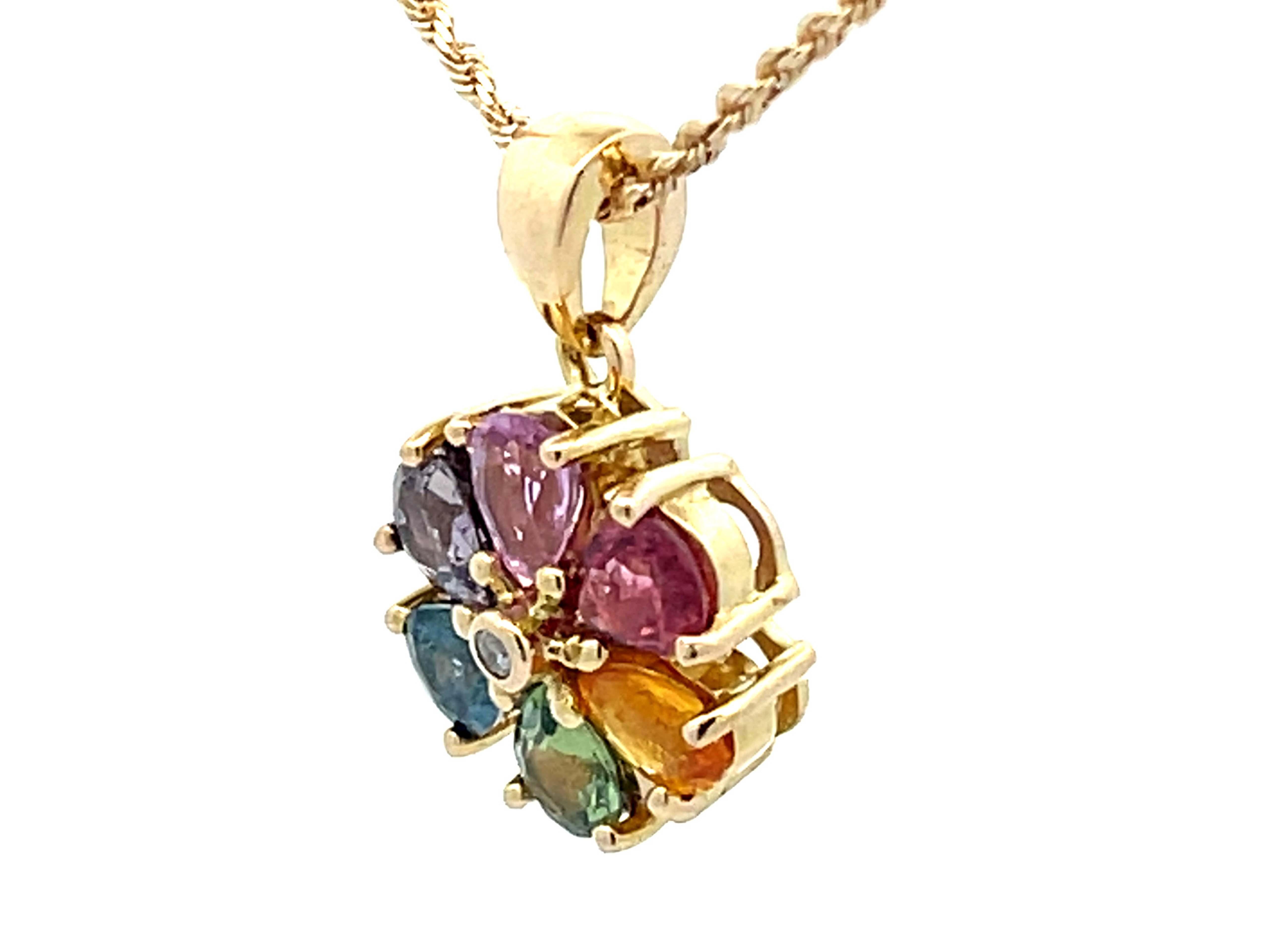 Pear Cut Multi Colored Sapphire and Diamond Flower Pendant and Rope Chain in 14k Gold For Sale