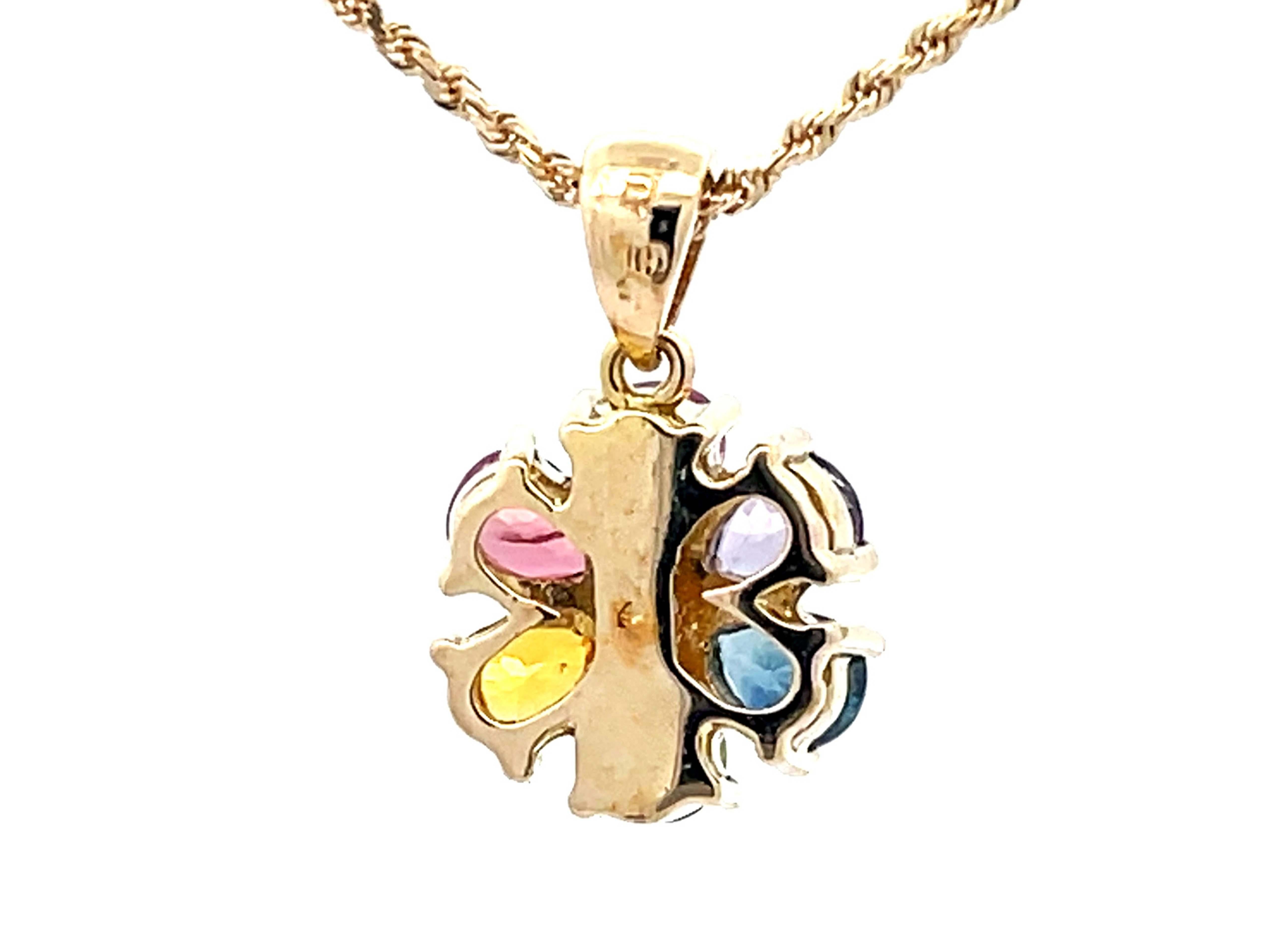 Multi Colored Sapphire and Diamond Flower Pendant and Rope Chain in 14k Gold For Sale 1