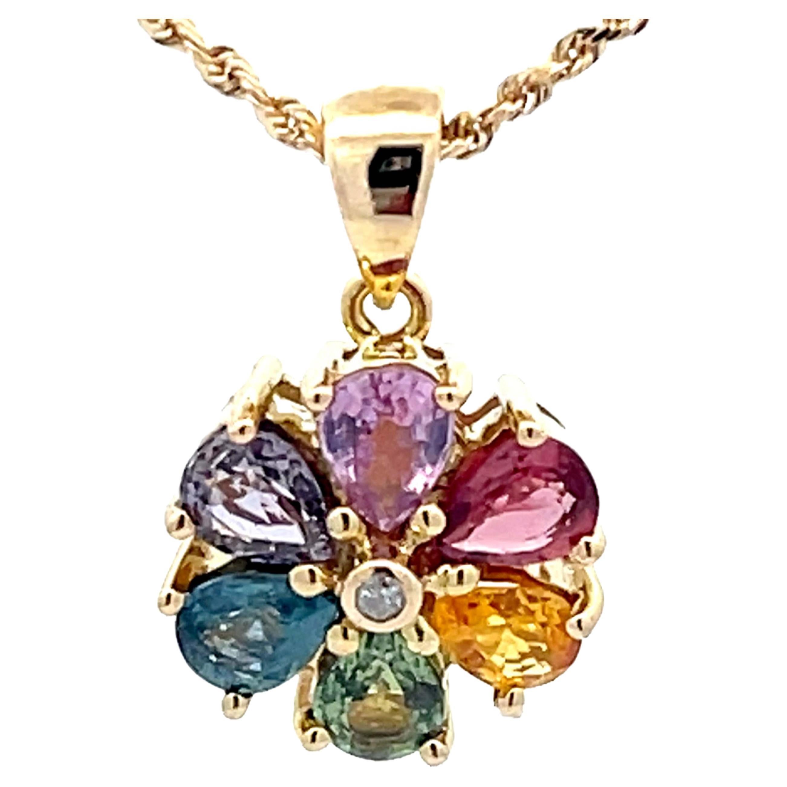 Multi Colored Sapphire and Diamond Flower Pendant and Rope Chain in 14k Gold For Sale