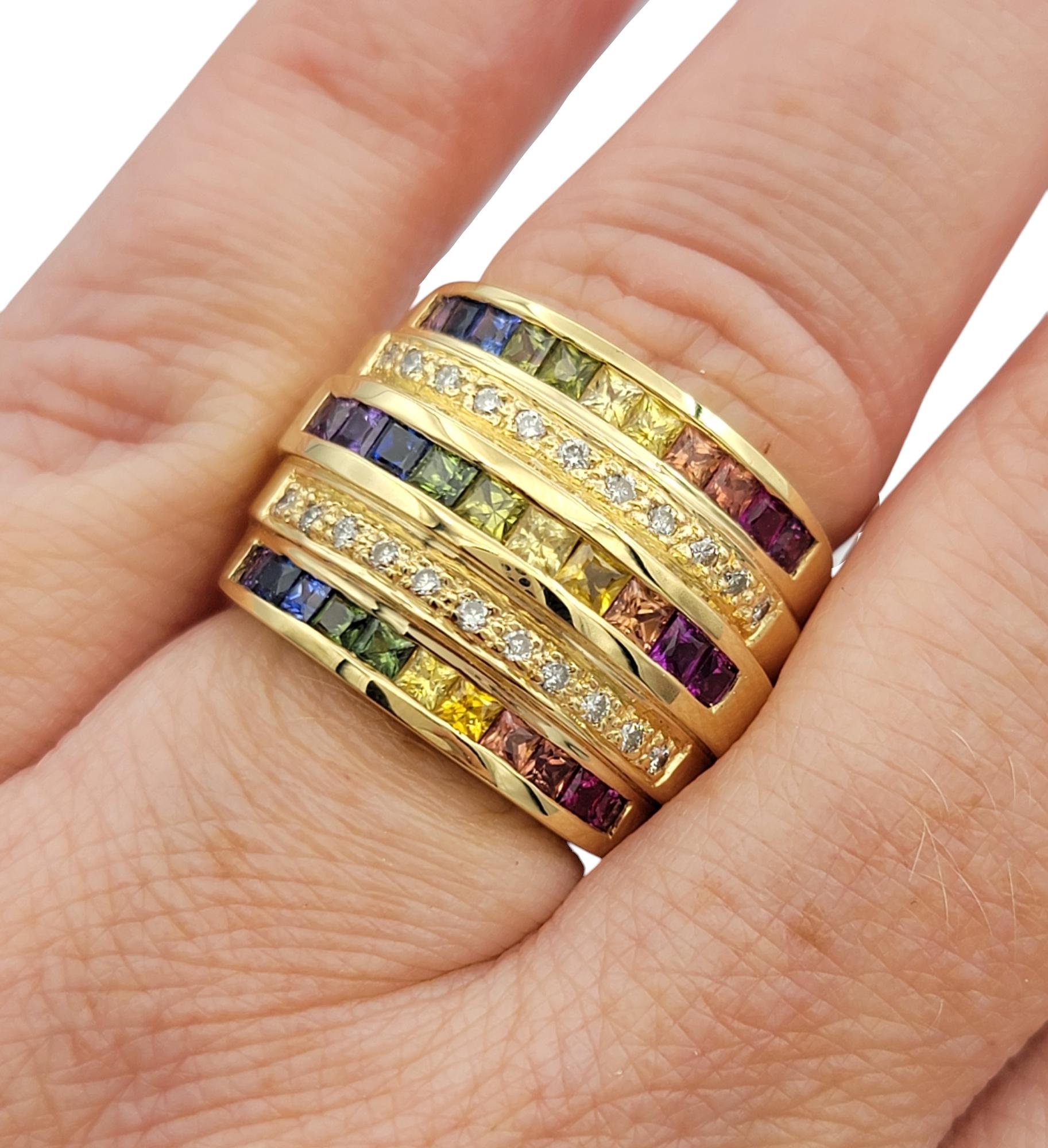 Anello a fascia con zaffiro multicolore e diamanti a più file in oro 18 carati in vendita 4