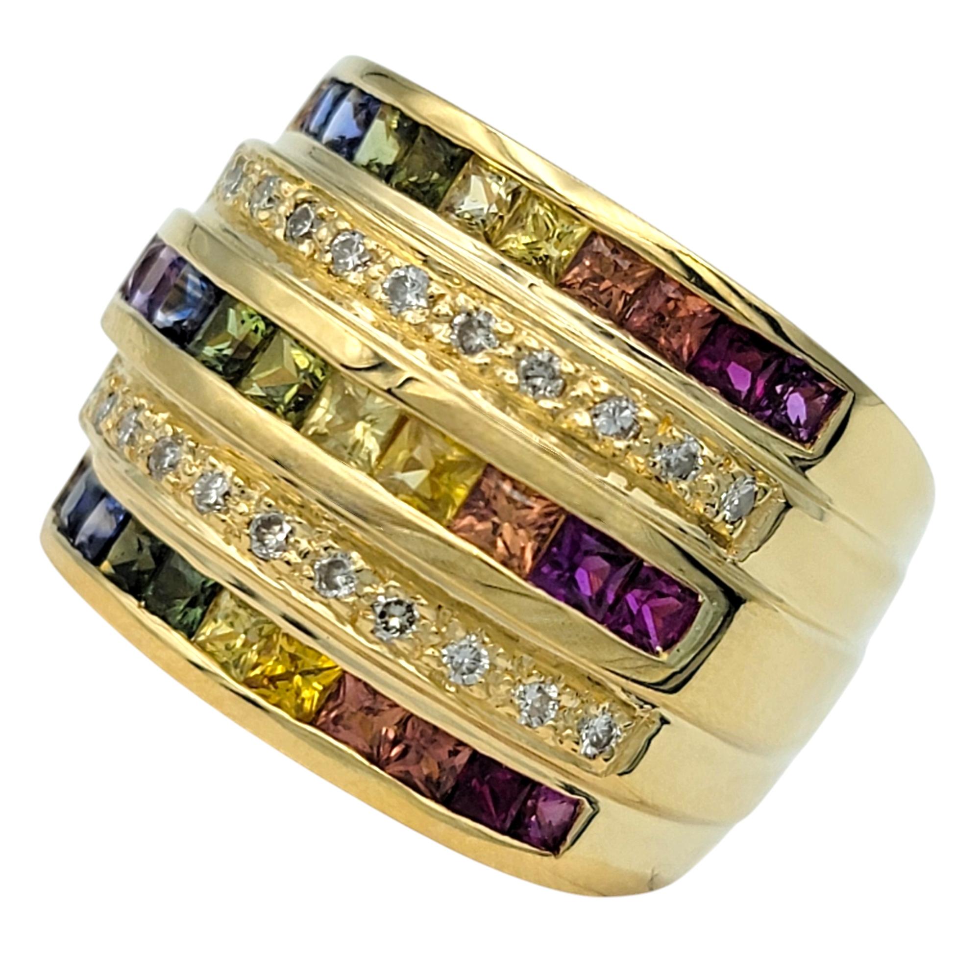 Taglio princess Anello a fascia con zaffiro multicolore e diamanti a più file in oro 18 carati in vendita