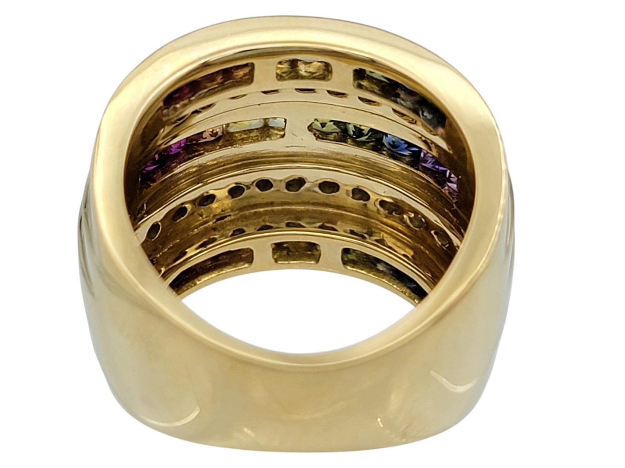 Anello a fascia con zaffiro multicolore e diamanti a più file in oro 18 carati in vendita 1