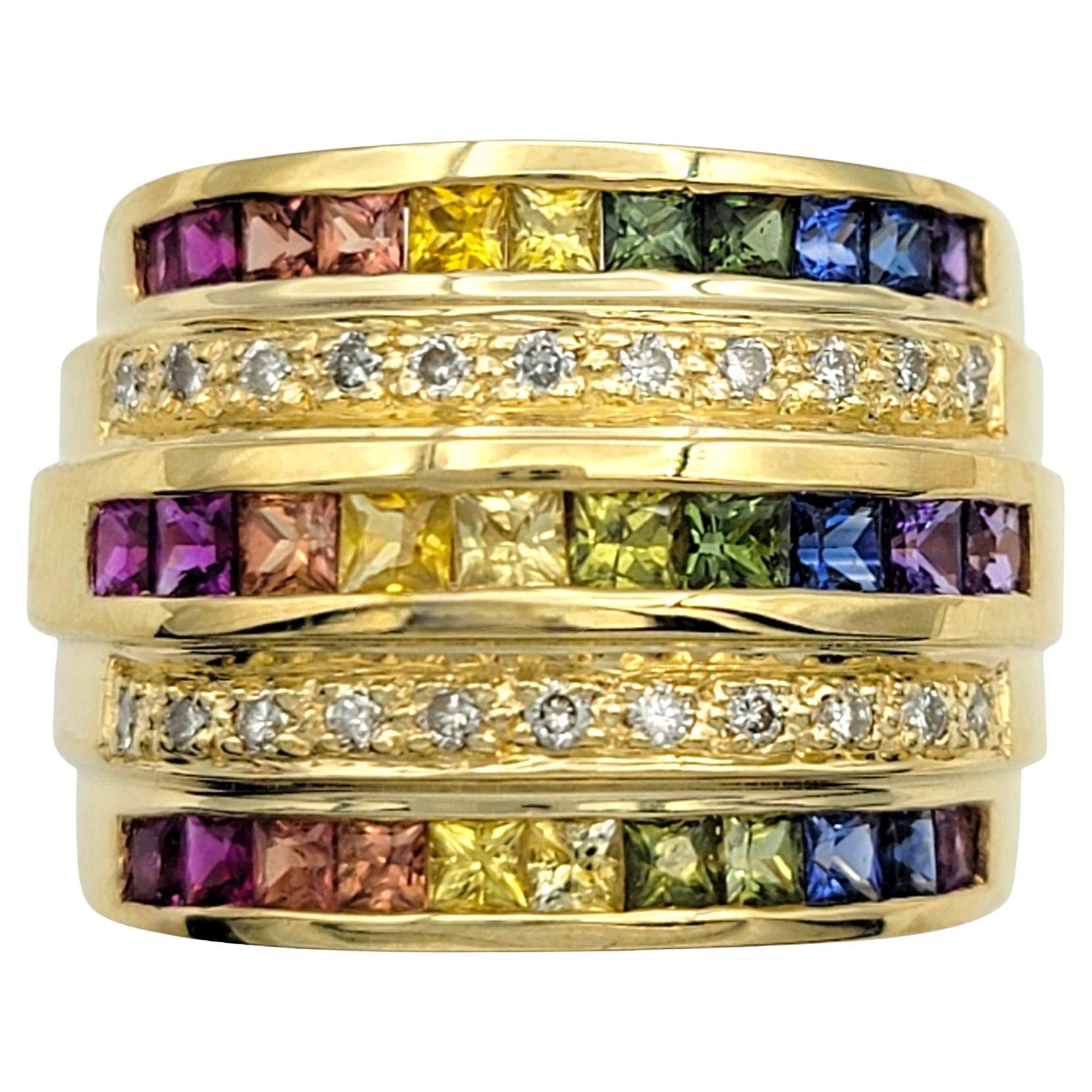 Multi-Colored Sapphire and Diamond Multi-Row Rainbow Band Ring in 18 Karat Gold