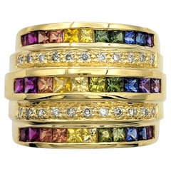 Mehrfarbiger Saphir- und Diamantring mit mehrreihigem Regenbogen aus 18 Karat Gold
