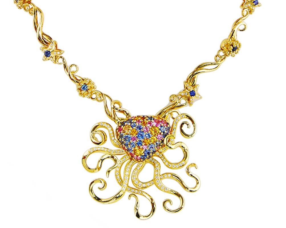 Multi-Colored Sapphire and Diamond Necklace, Handmade in 18k Yellow Gold with 106 Round Sapphires Weighing 16.73 Carats Total and 129 Diamonds F-VVS Weighing 1.21 Carats Total