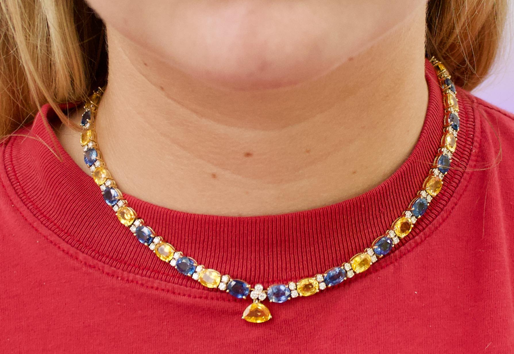 Presenting the captivating  18K Yellow Gold Golden Sapphire/Diamond Necklace, a true masterpiece that exudes elegance and radiance. This exquisite necklace combines the allure of golden sapphires and dazzling diamonds, creating a stunning display of