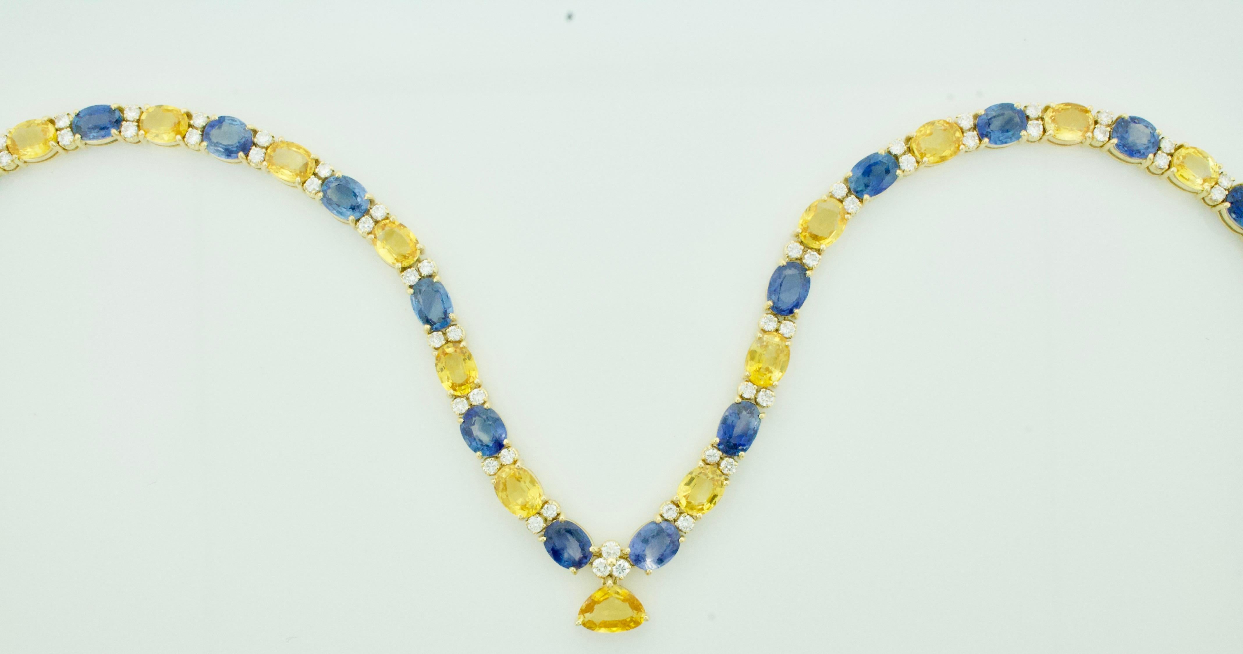 Oval Cut Multi Colored Sapphire and Diamond Necklace in 18k Yellow Gold 53.55 Carats For Sale