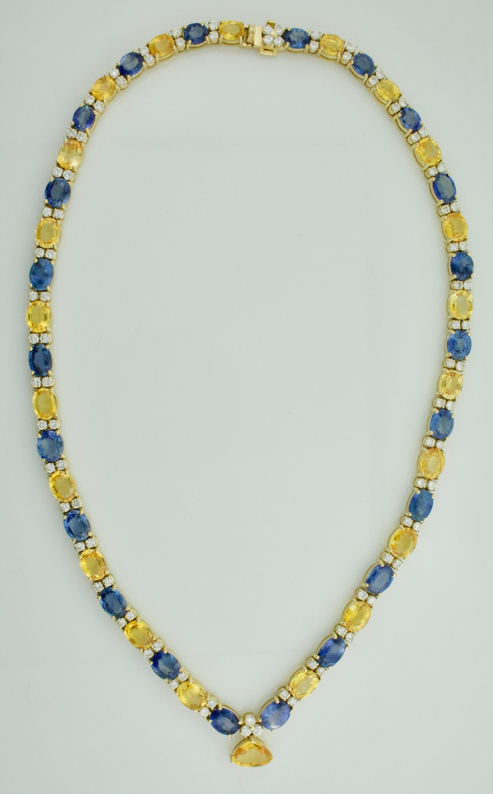 Women's or Men's Multi Colored Sapphire and Diamond Necklace in 18k Yellow Gold 53.55 Carats For Sale