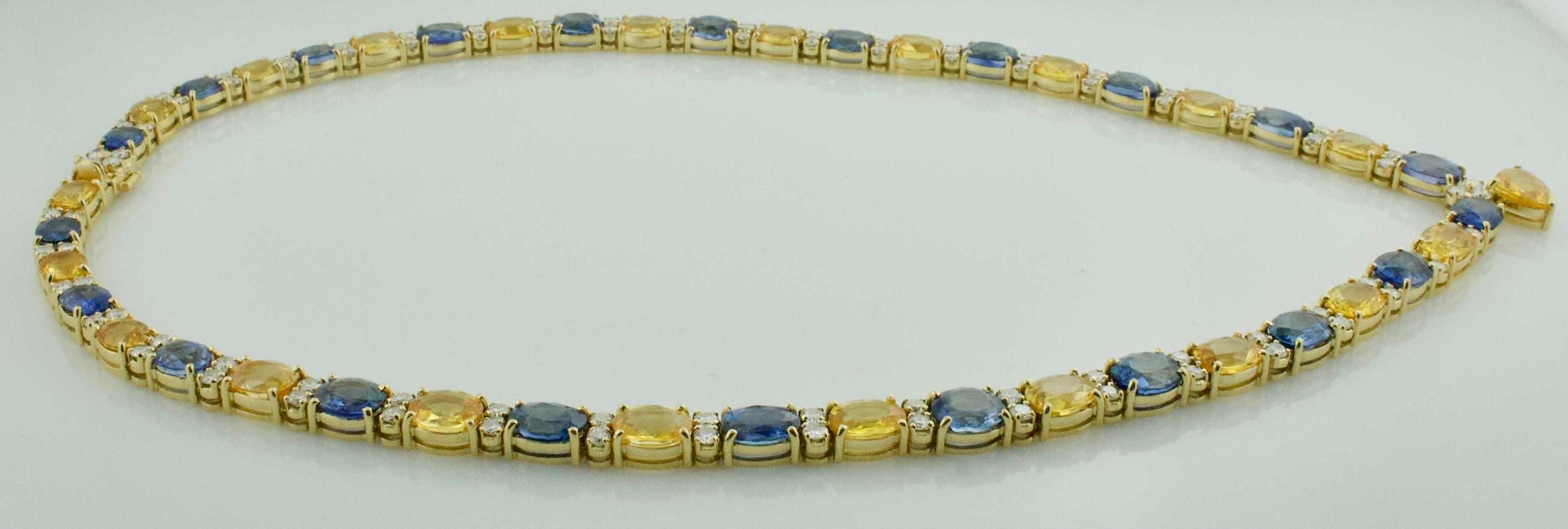 Multi Colored Sapphire and Diamond Necklace in 18k Yellow Gold 53.55 Carats For Sale 1