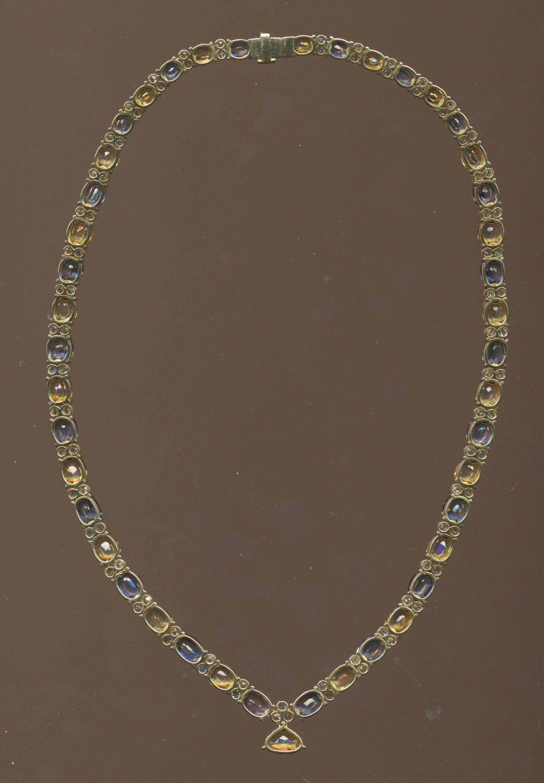 Multi Colored Sapphire and Diamond Necklace in 18k Yellow Gold 53.55 Carats For Sale 4
