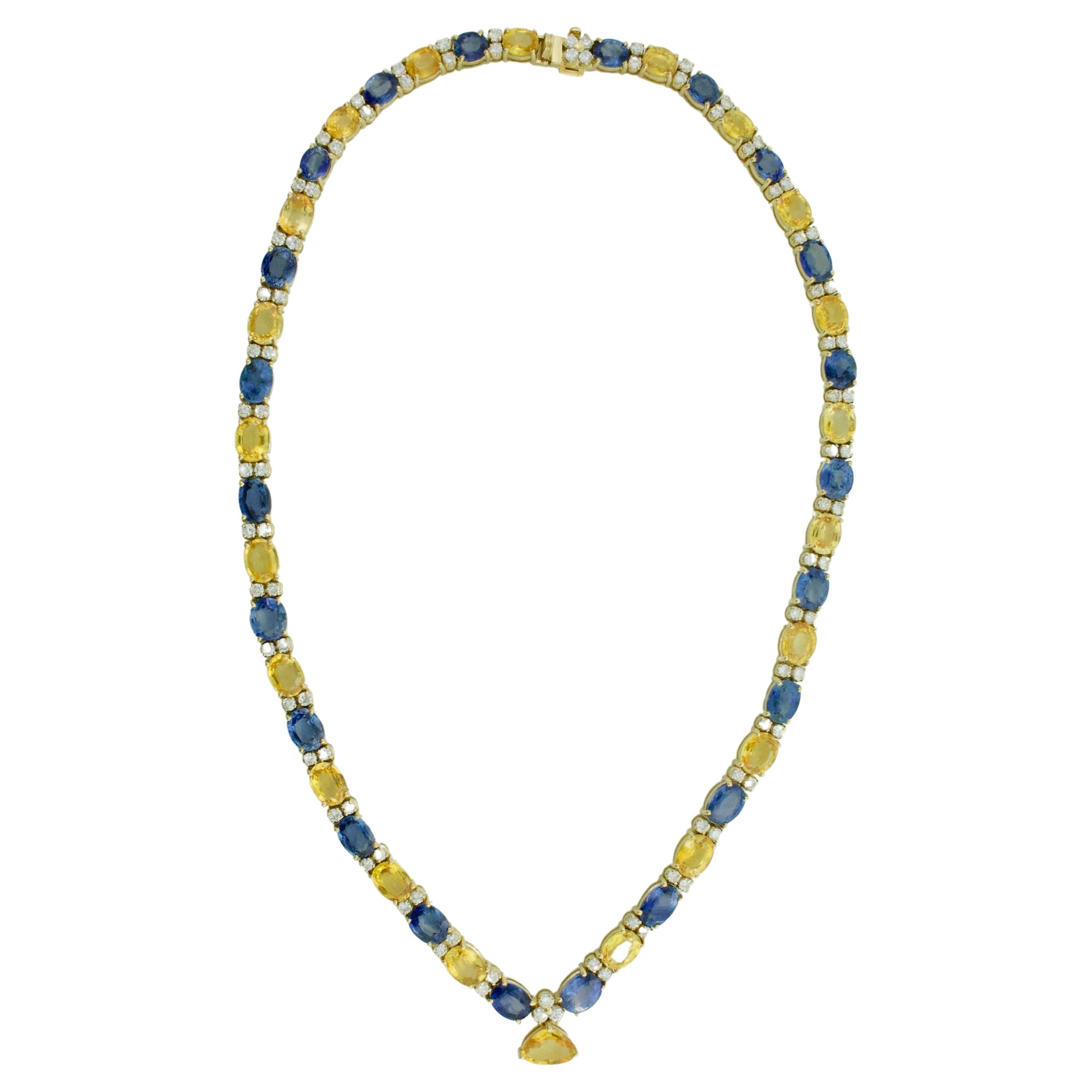 Multi Colored Sapphire and Diamond Necklace in 18k Yellow Gold 53.55 Carats For Sale