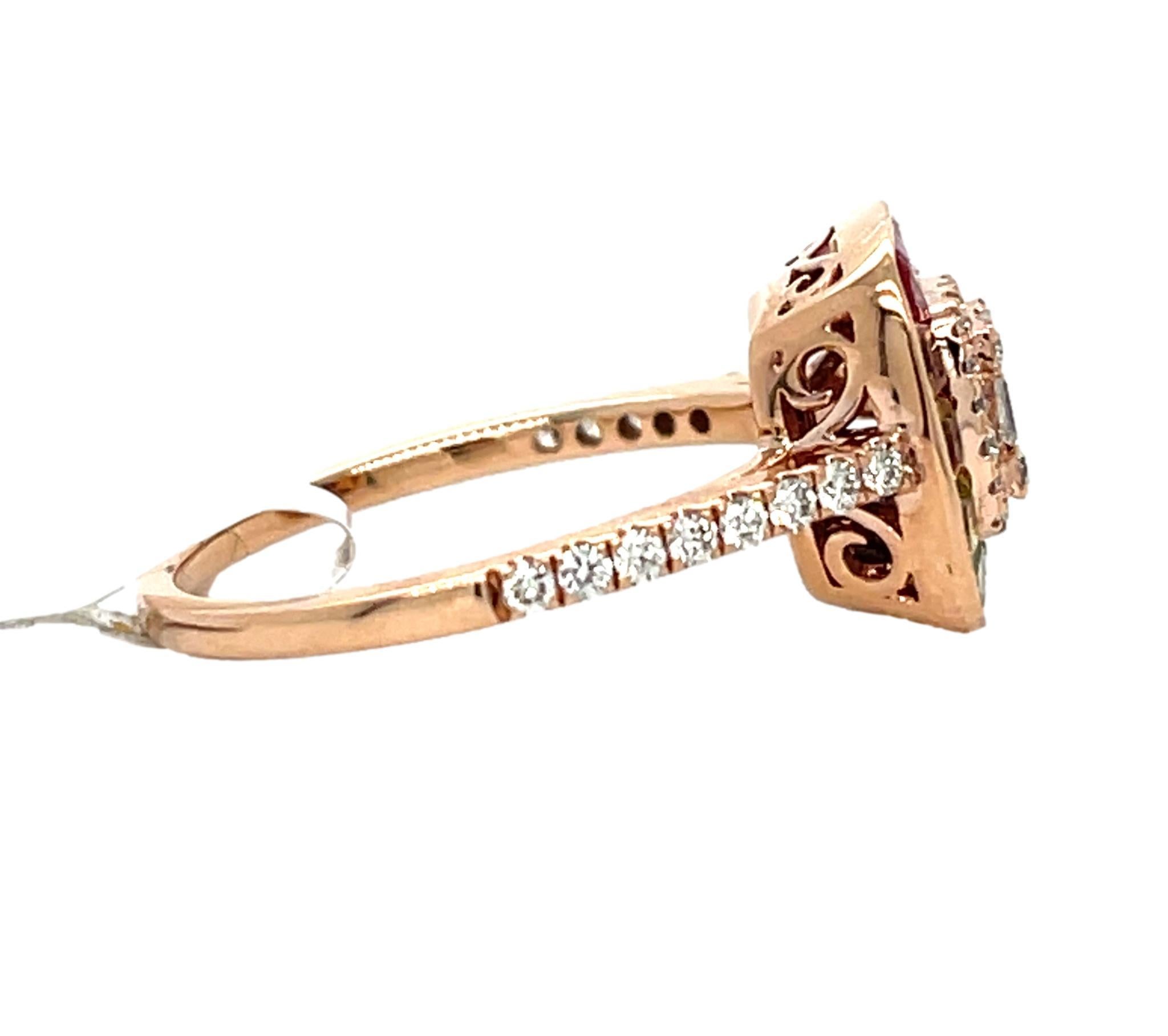 Baguette Cut Multi Colored Sapphire and Diamond ring in 14K Rose Gold