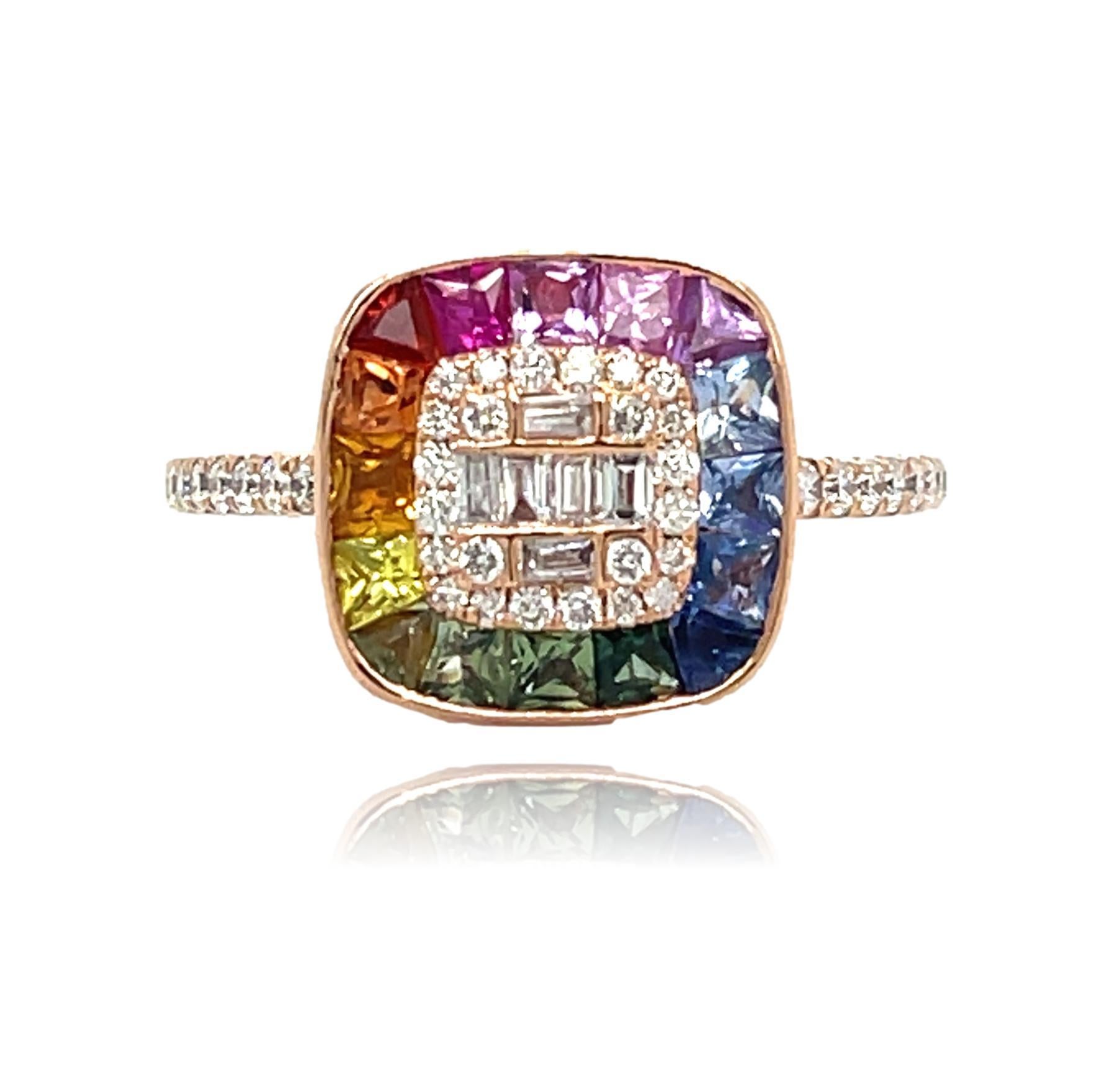 Women's or Men's Multi Colored Sapphire and Diamond ring in 14K Rose Gold
