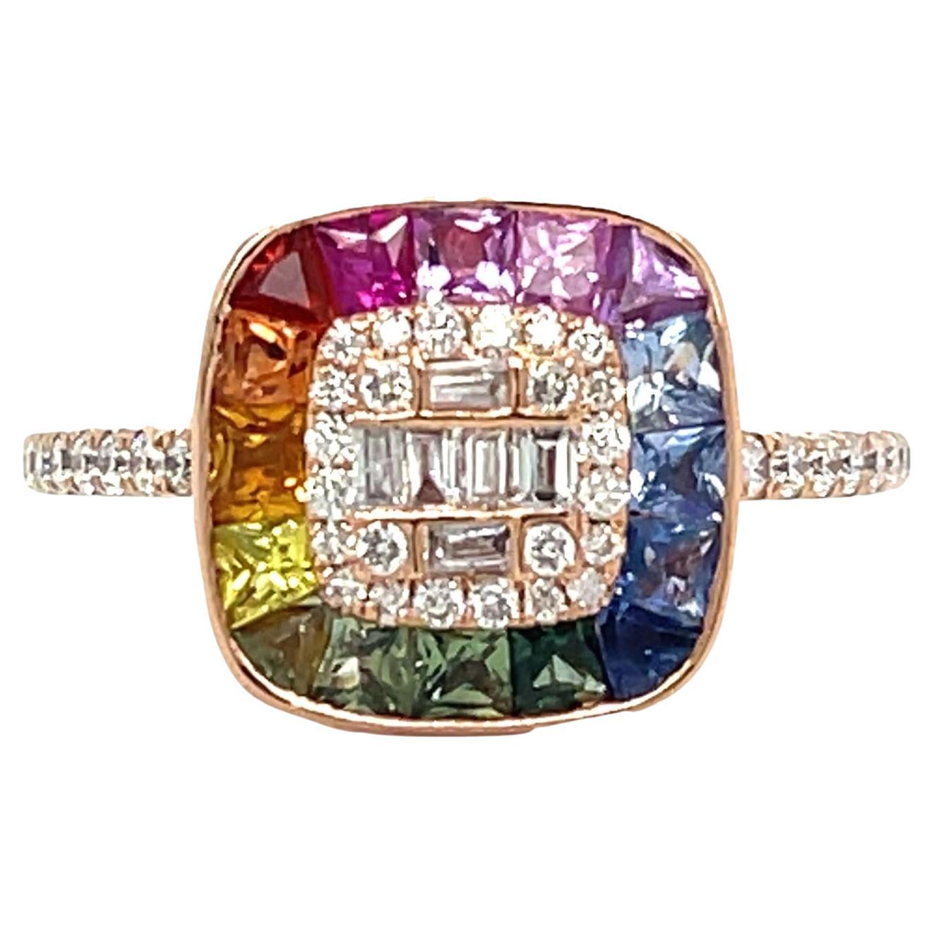 Multi Colored Sapphire and Diamond ring in 14K Rose Gold