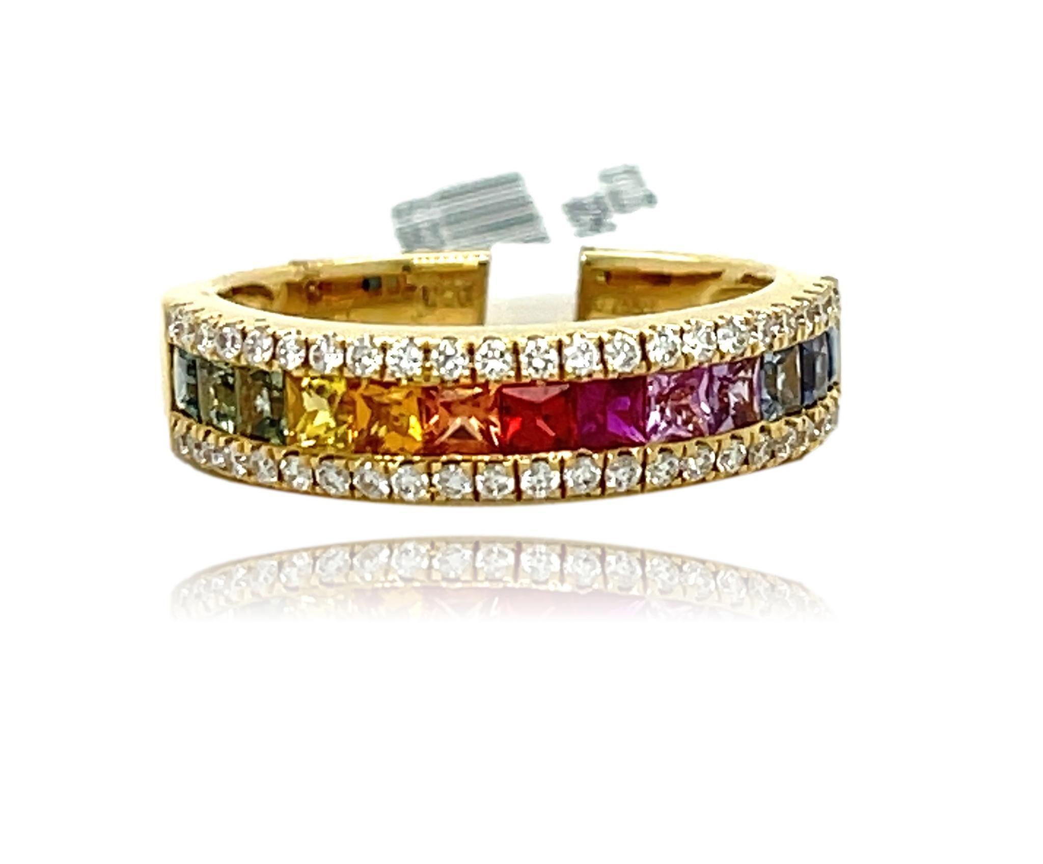 Square Cut Multi Colored Sapphire and Diamond ring in 18K Yellow Gold For Sale