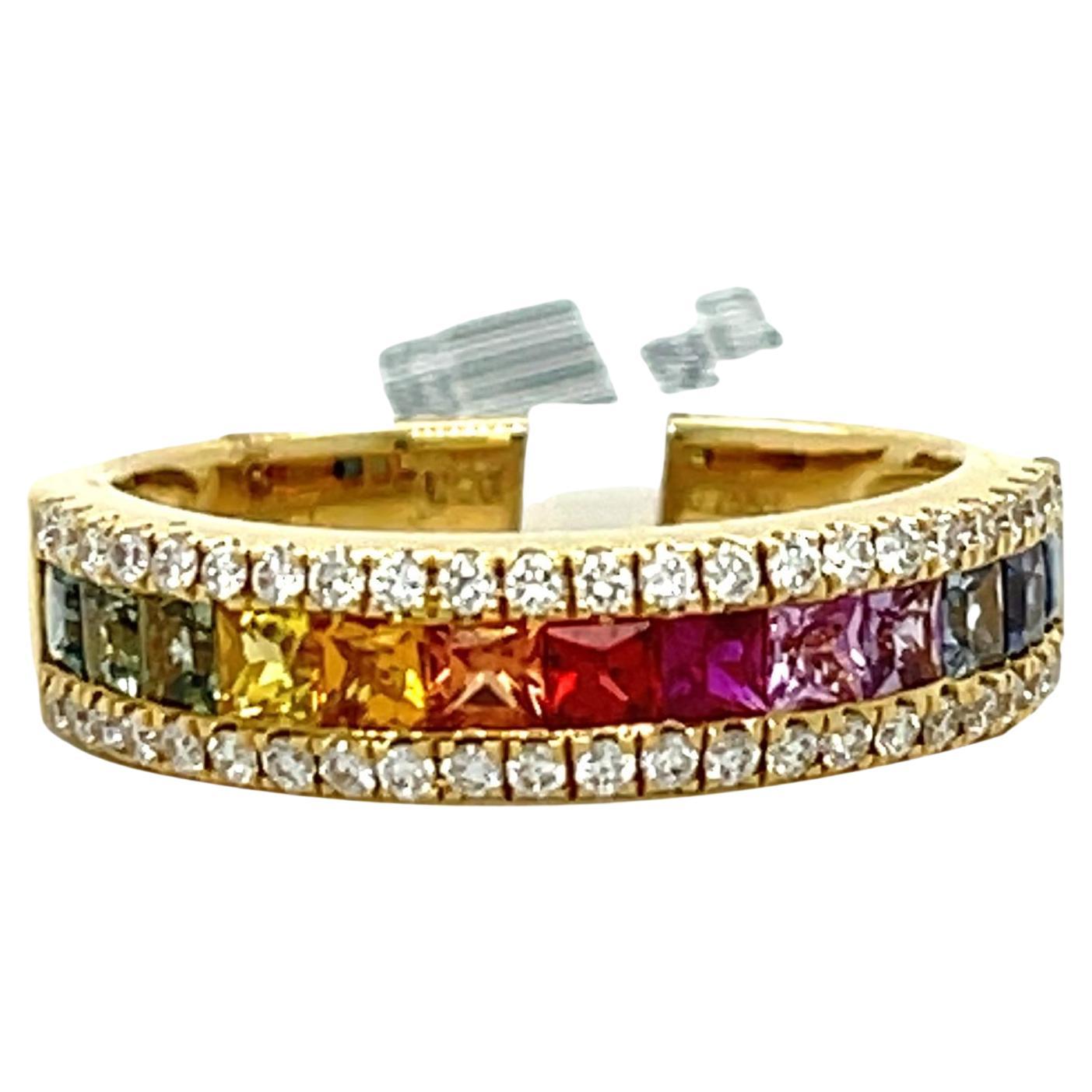 Multi Colored Sapphire and Diamond ring in 18K Yellow Gold For Sale