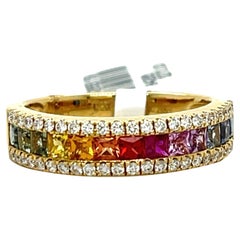 Vintage Multi Colored Sapphire and Diamond ring in 18K Yellow Gold