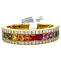 Bague en or jaune 18 carats avec saphirs multicolores et diamants