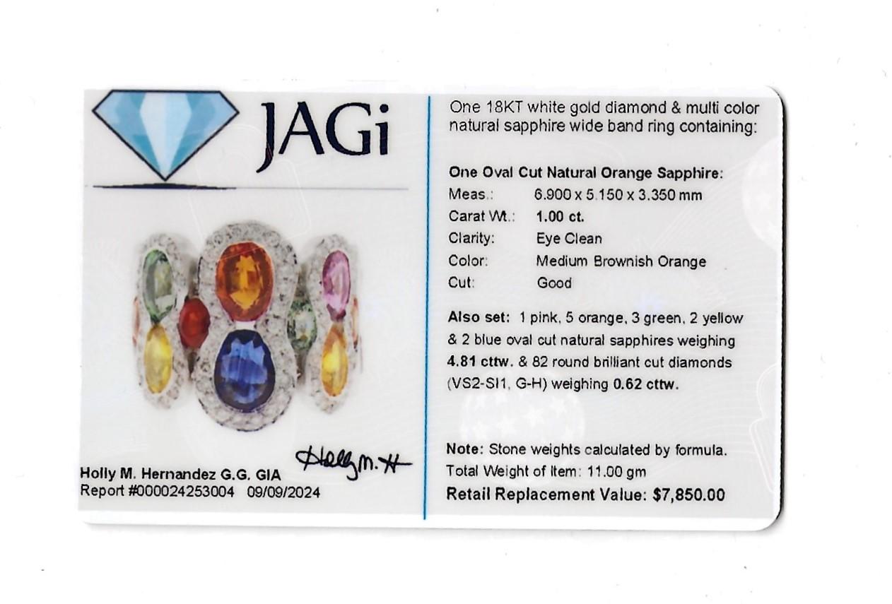 Multi-Colored Sapphire and Pavé Diamond Wide Band Ring in 18 Karat White Gold For Sale 6