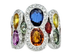 Multi-Colored Sapphire and Pavé Diamond Wide Band Ring in 18 Karat White Gold
