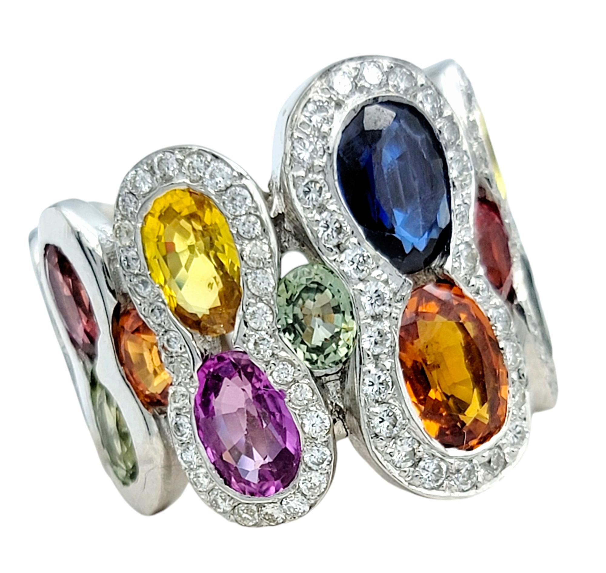 Contemporary Multi-Colored Sapphire and Pavé Diamond Wide Band Ring in 18 Karat White Gold For Sale