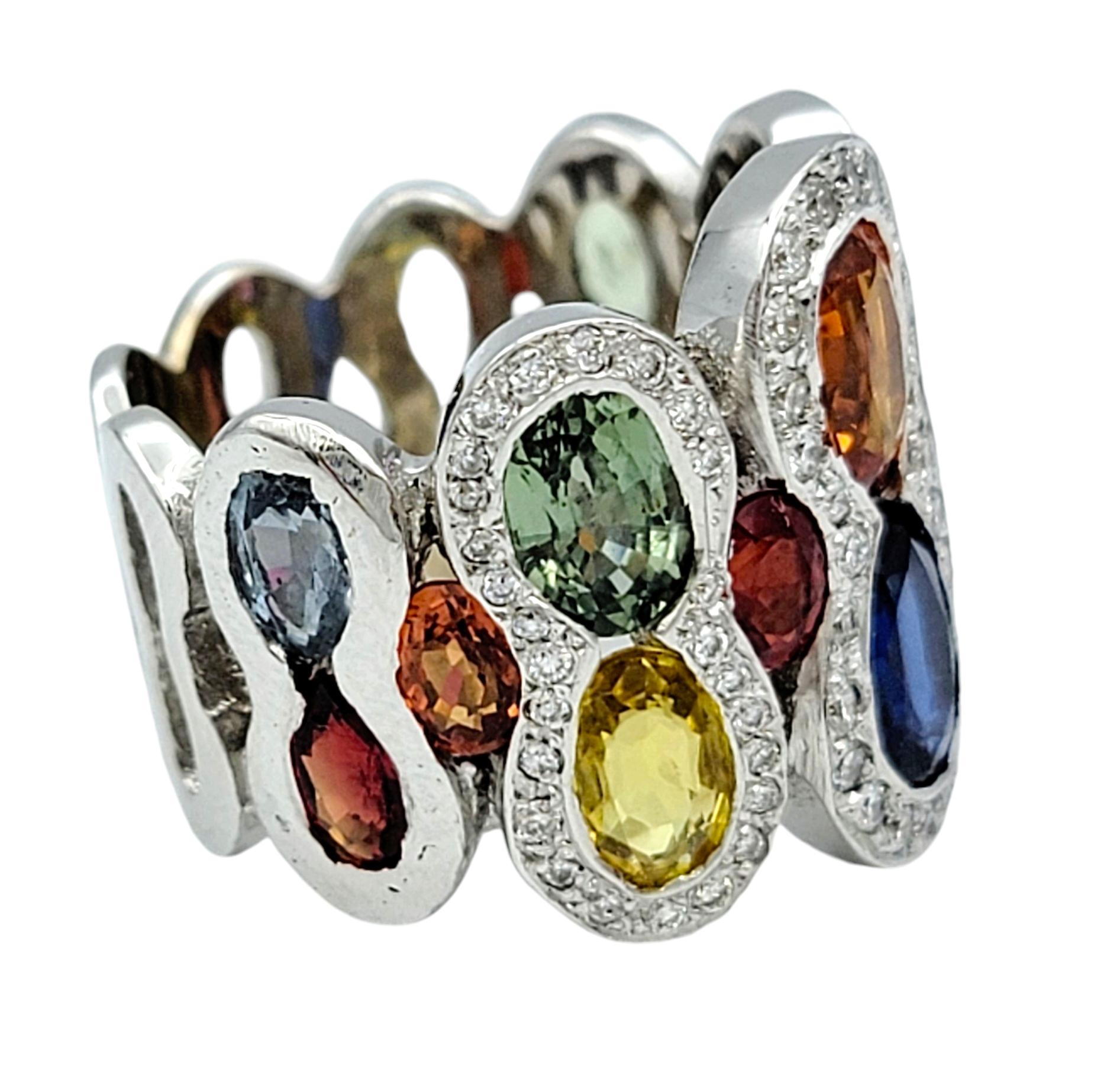 Multi-Colored Sapphire and Pavé Diamond Wide Band Ring in 18 Karat White Gold In Good Condition For Sale In Scottsdale, AZ