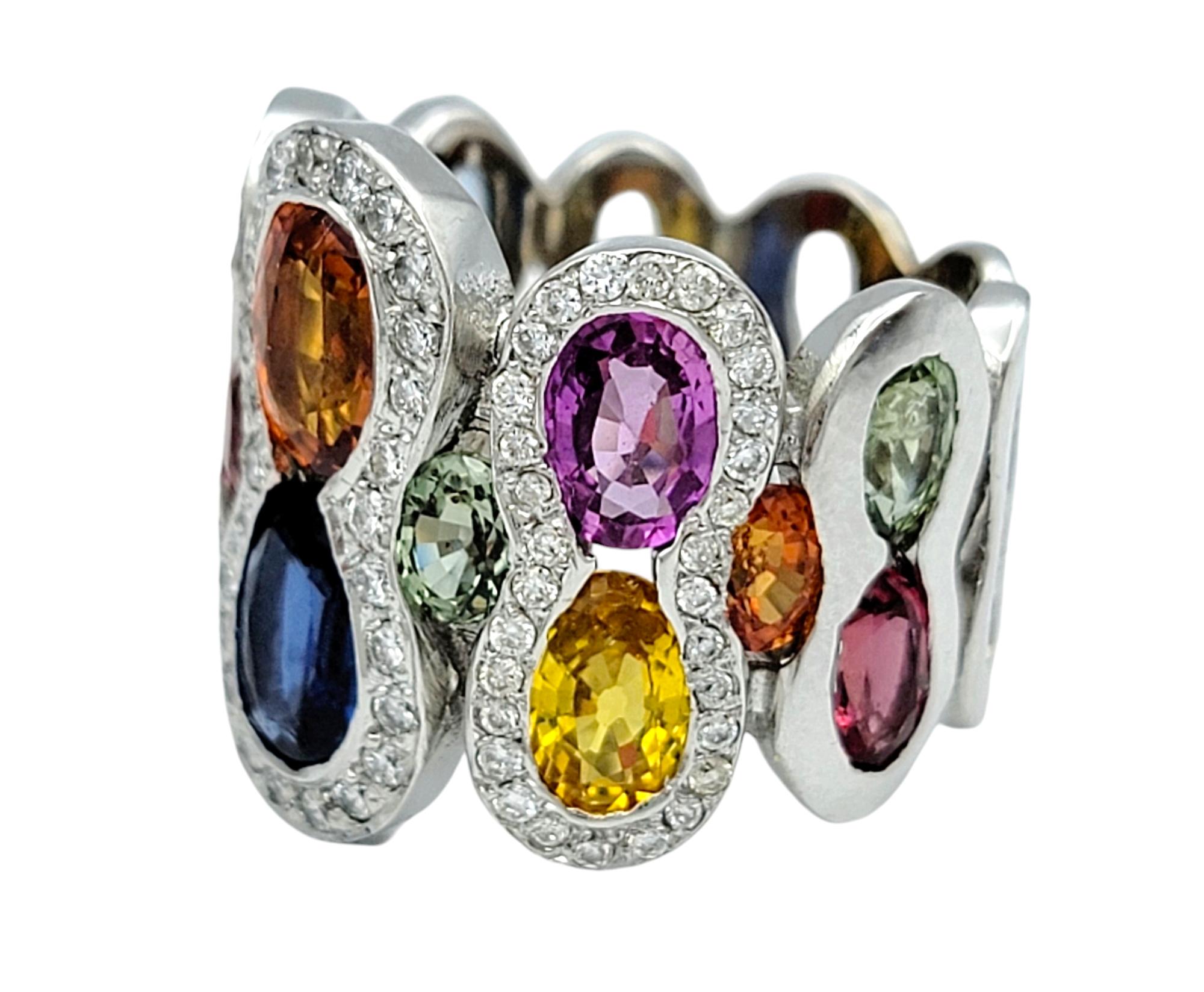 Women's Multi-Colored Sapphire and Pavé Diamond Wide Band Ring in 18 Karat White Gold For Sale