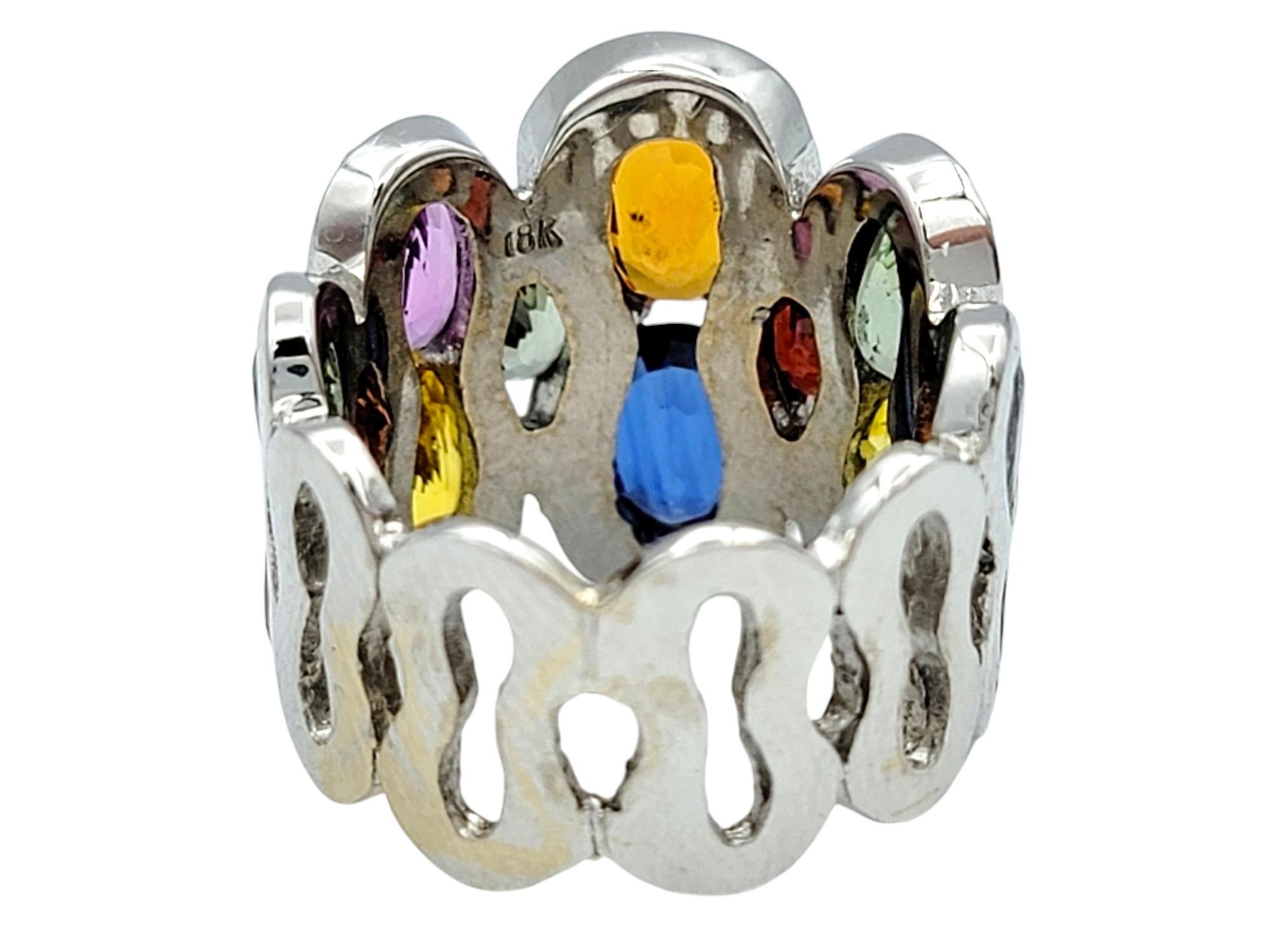 Multi-Colored Sapphire and Pavé Diamond Wide Band Ring in 18 Karat White Gold For Sale 1