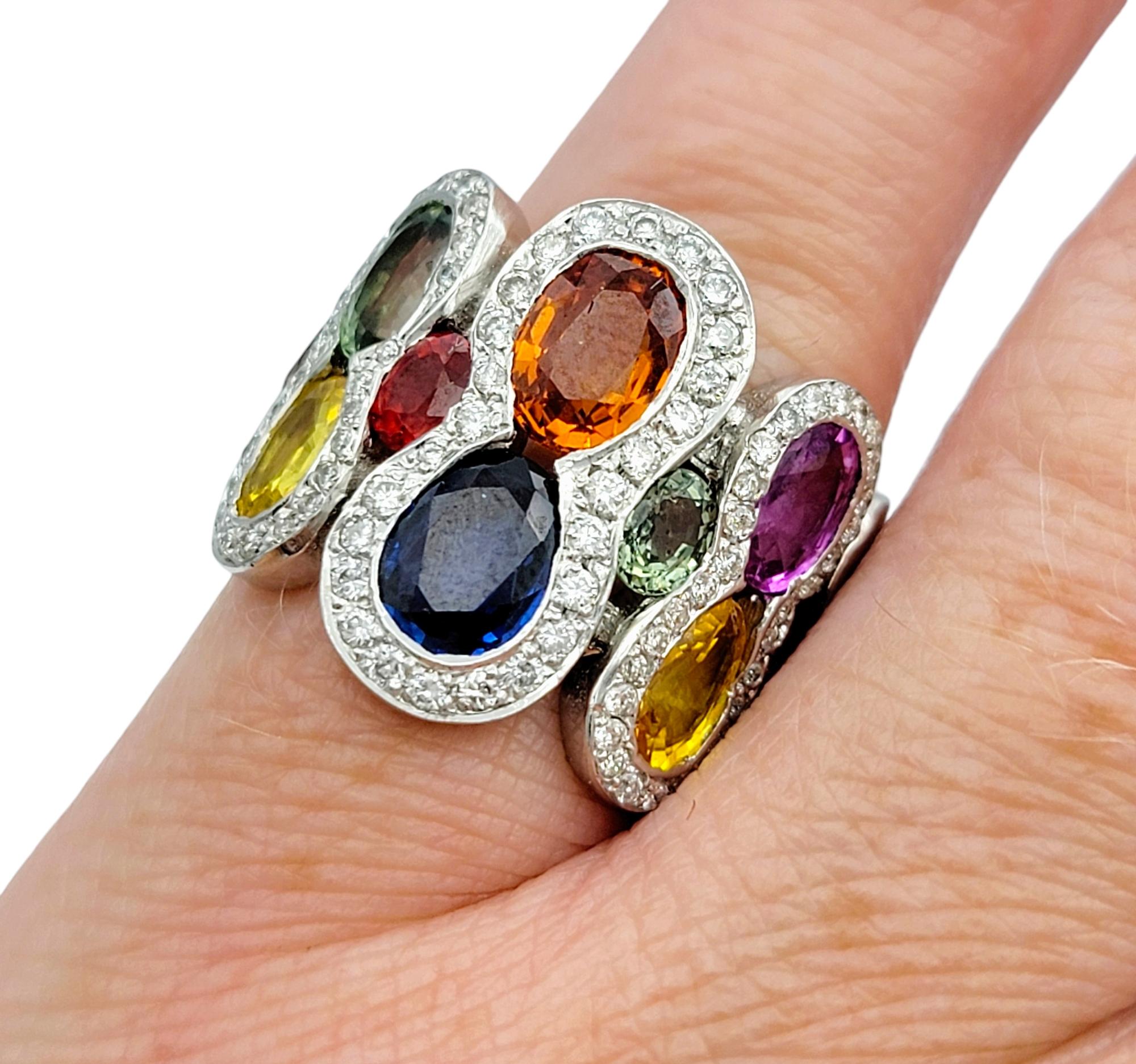 Multi-Colored Sapphire and Pavé Diamond Wide Band Ring in 18 Karat White Gold For Sale 3