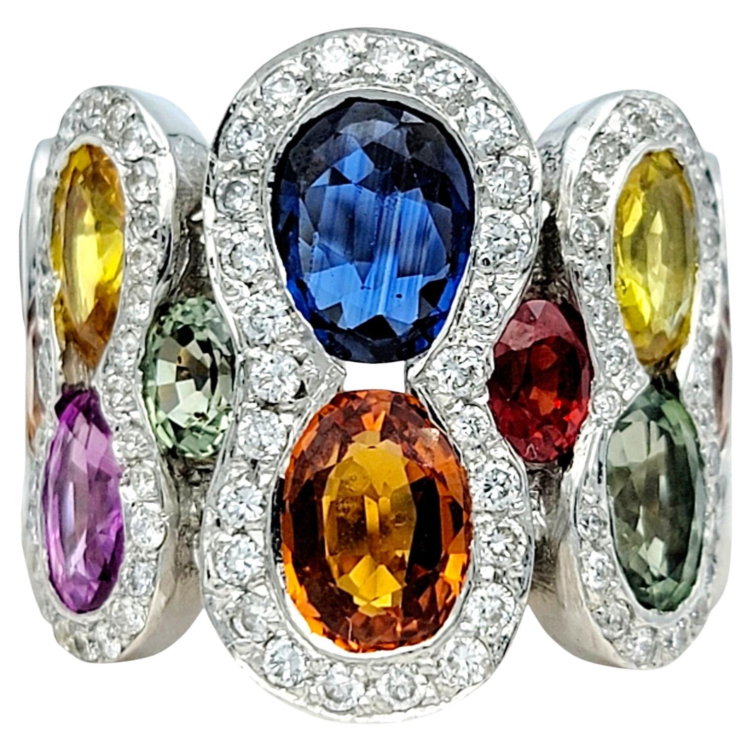 Multi-Colored Sapphire and Pavé Diamond Wide Band Ring in 18 Karat White Gold