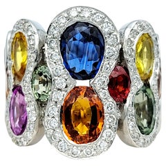 Multi-Colored Sapphire and Pavé Diamond Wide Band Ring in 18 Karat White Gold