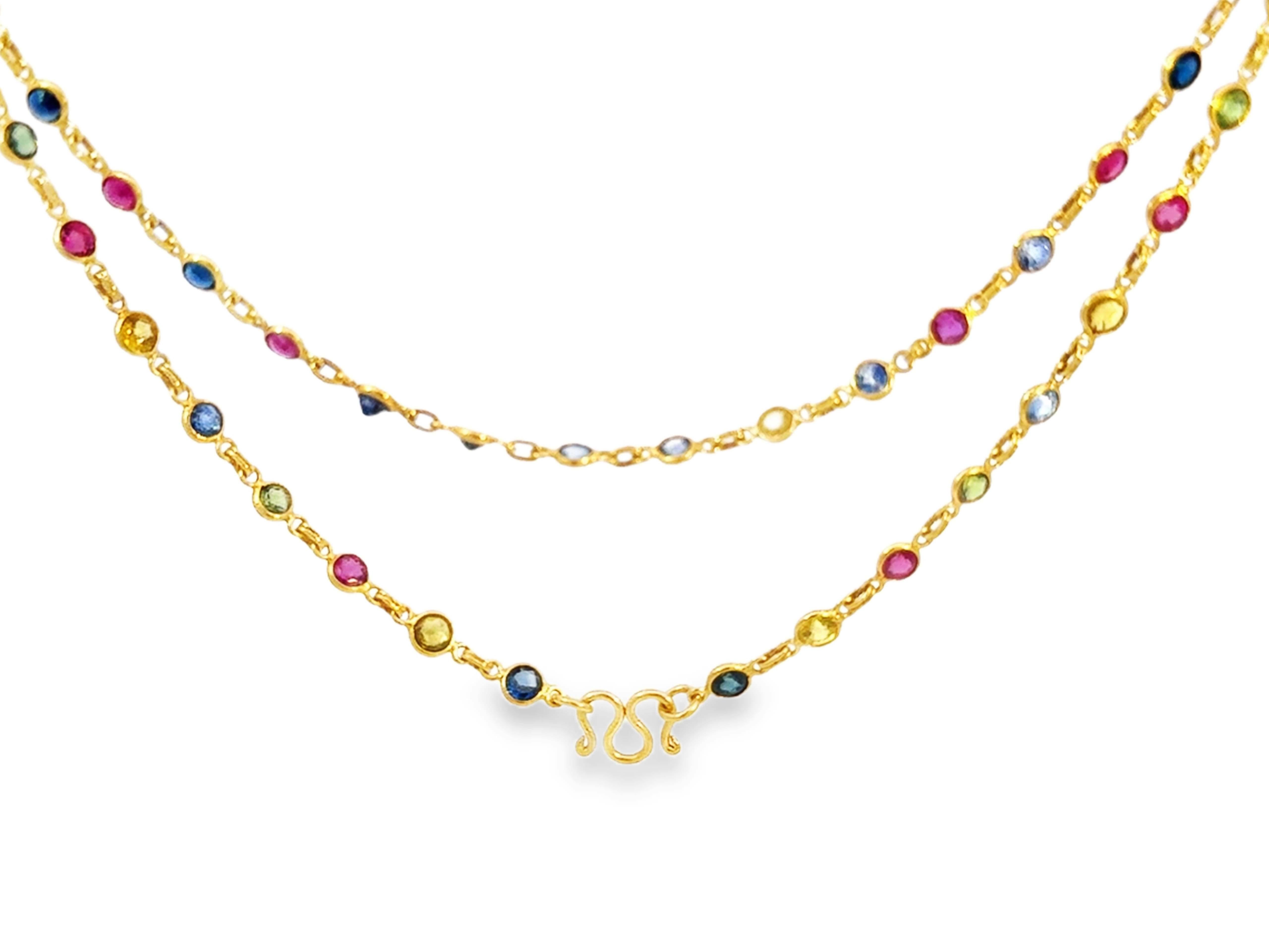 Modern Multi Colored Sapphire and Ruby Necklace by the Yard 22K Yellow Gold For Sale