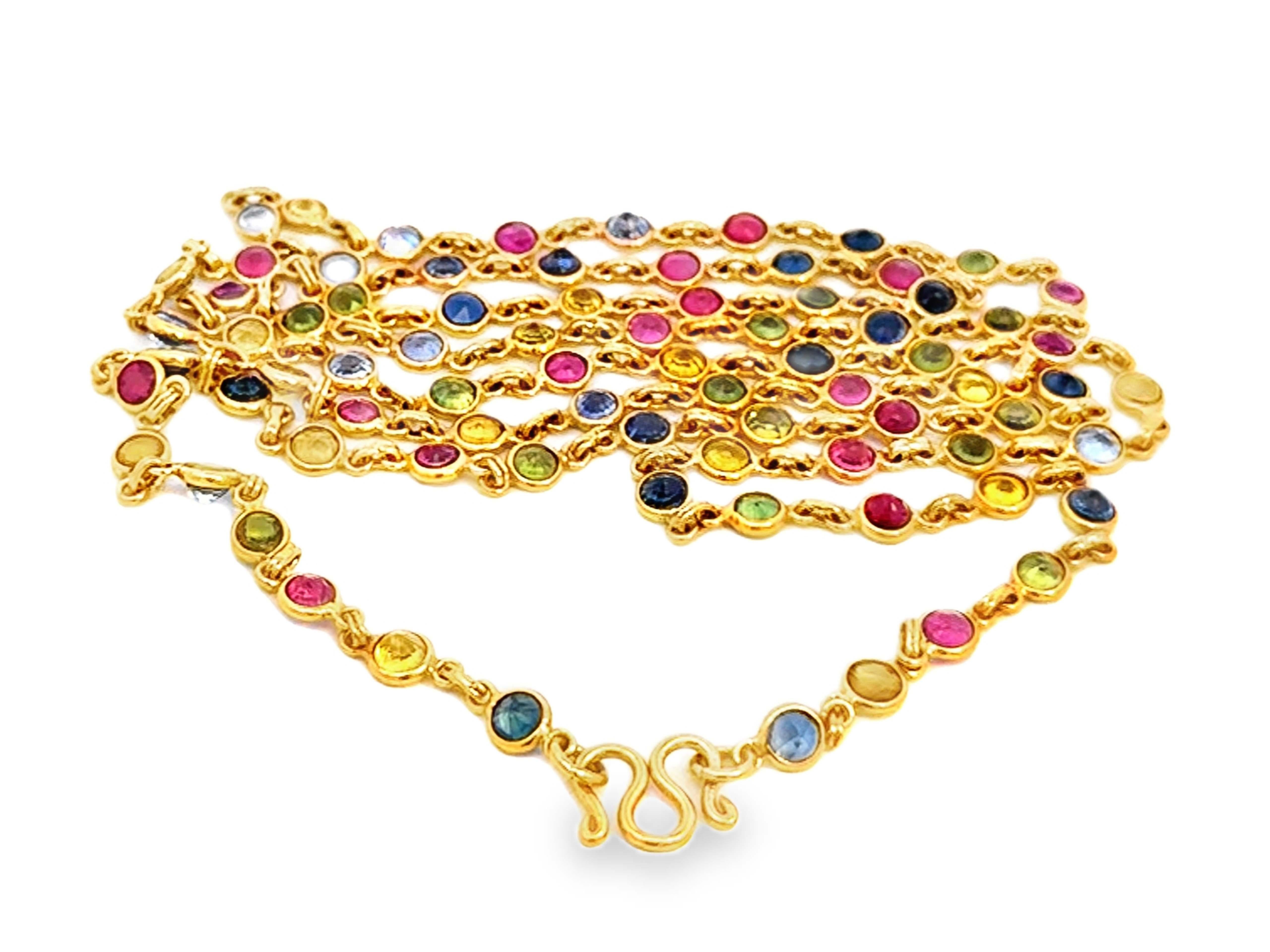 Round Cut Multi Colored Sapphire and Ruby Necklace by the Yard 22K Yellow Gold For Sale