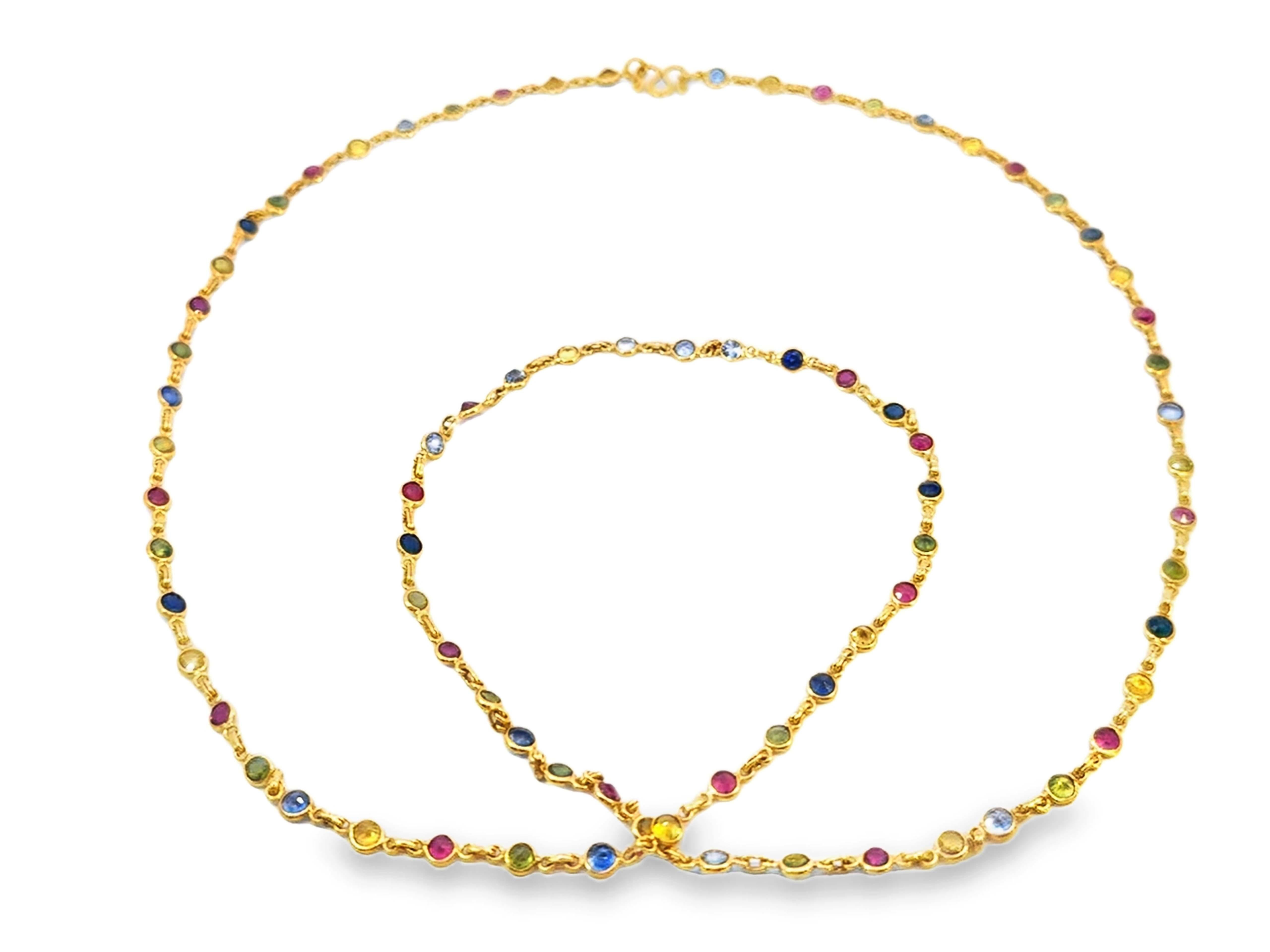 Multi Colored Sapphire and Ruby Necklace by the Yard 22K Yellow Gold In Excellent Condition For Sale In Honolulu, HI
