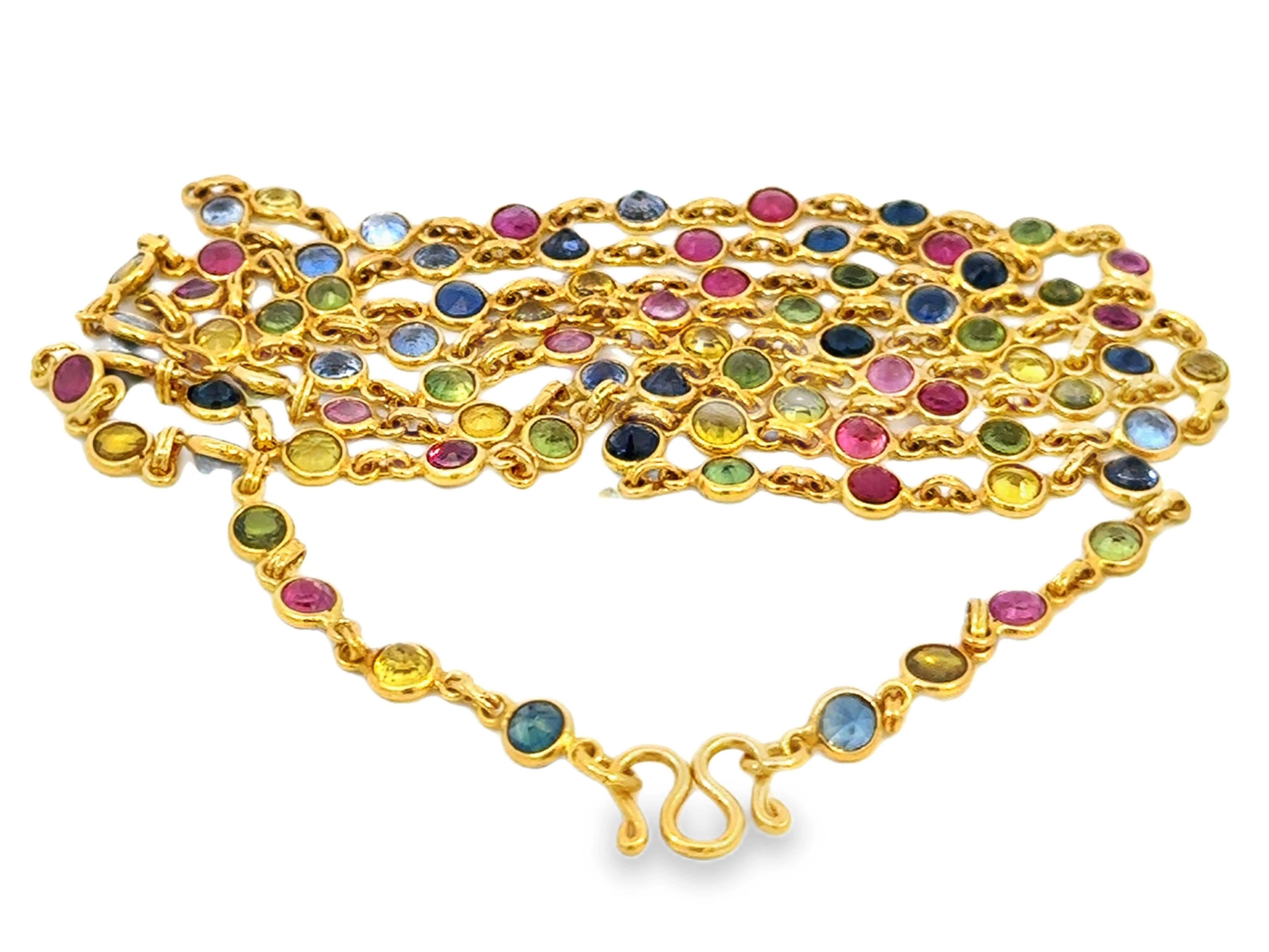 Men's Multi Colored Sapphire and Ruby Necklace by the Yard 22K Yellow Gold For Sale