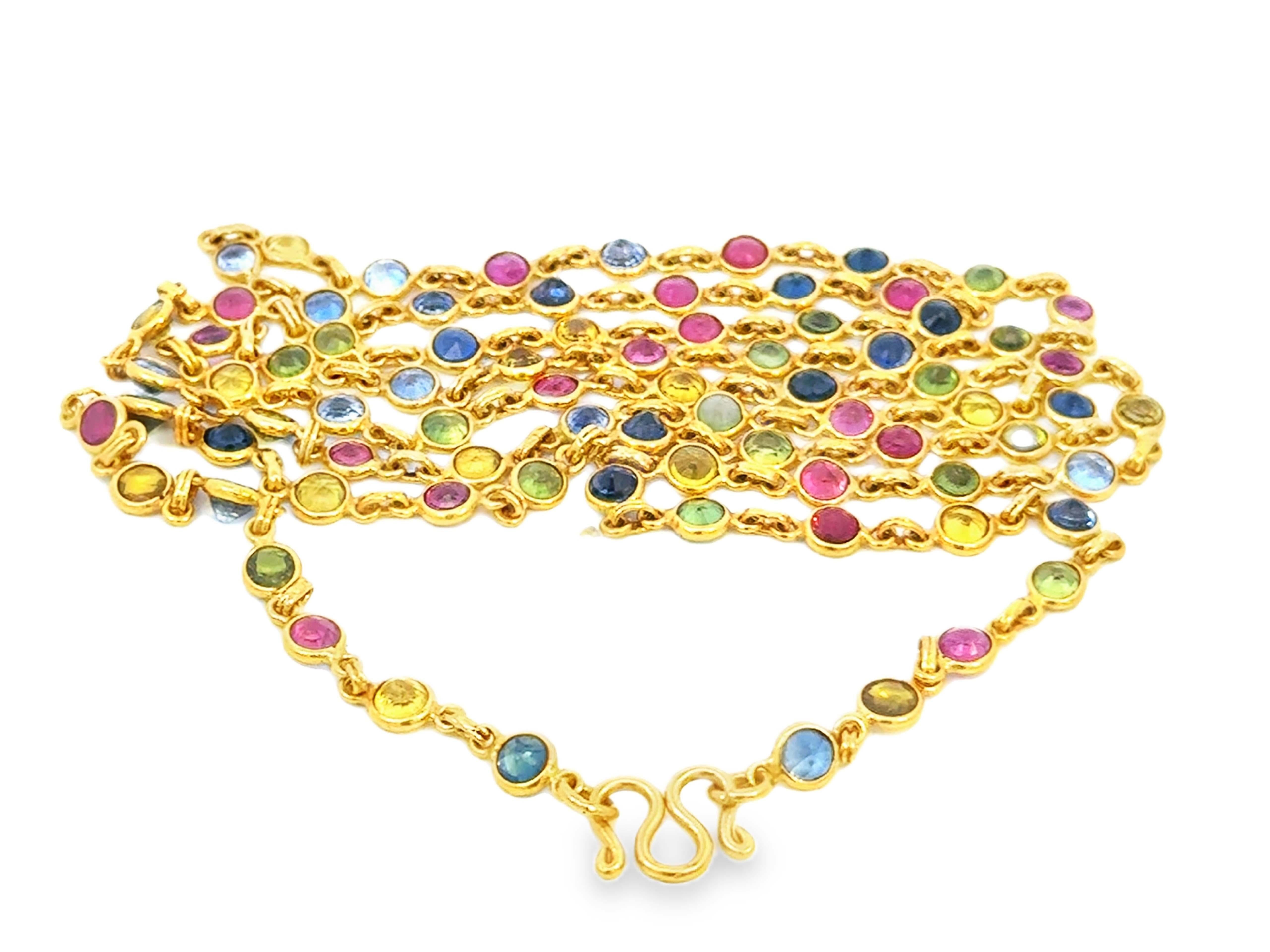 Multi Colored Sapphire and Ruby Necklace by the Yard 22K Yellow Gold For Sale 3