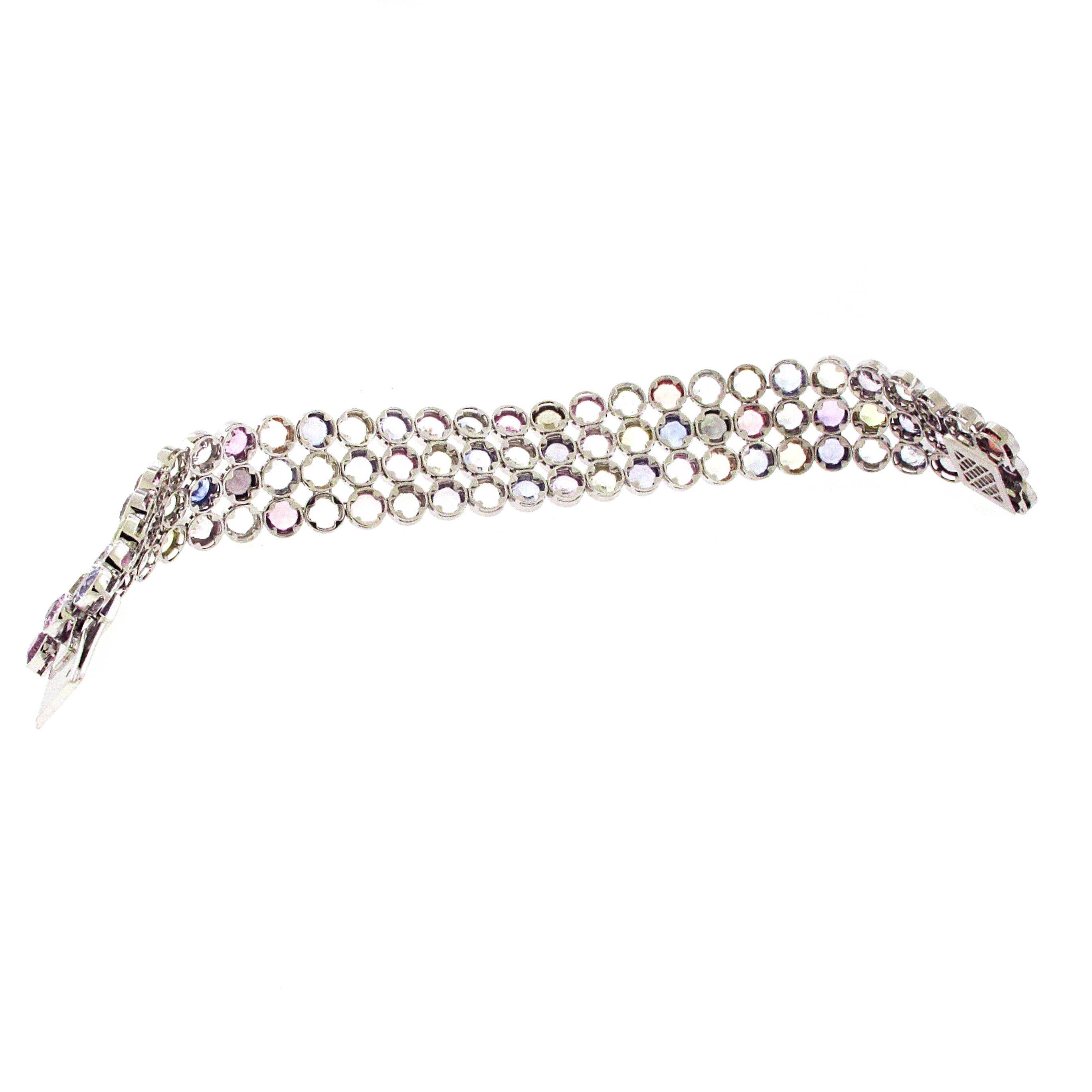 Round Cut Multi-Colored Sapphire Bracelet, Approx 58 Carat, 18 Karat White Gold