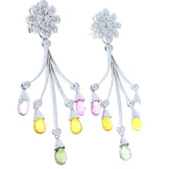 Multi-Colored Sapphire Briolettes and Diamond White Gold Drop Earrings