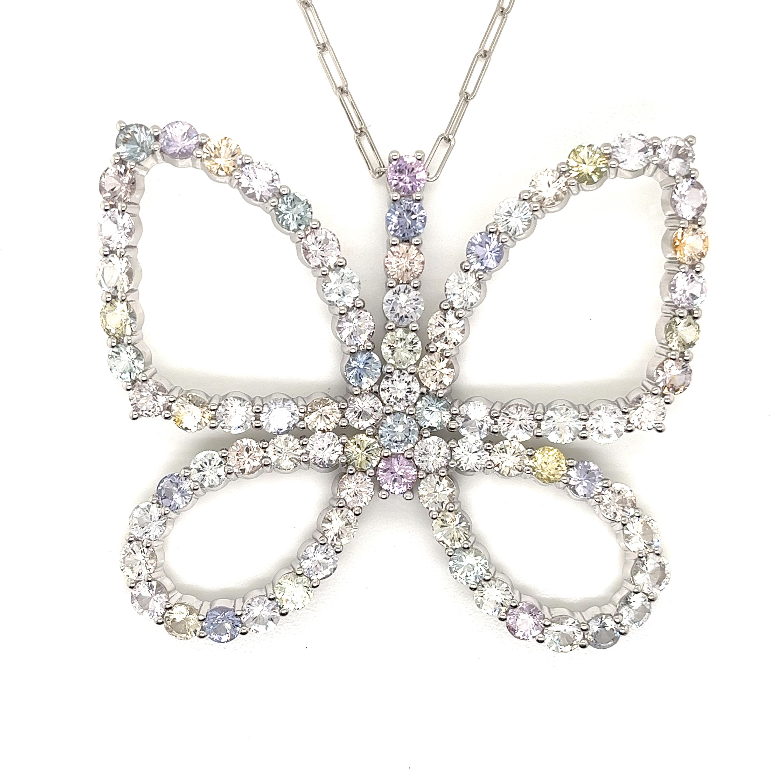 Modern Multi-Colored Sapphire Butterfly Necklace in 18 Karat White Gold For Sale